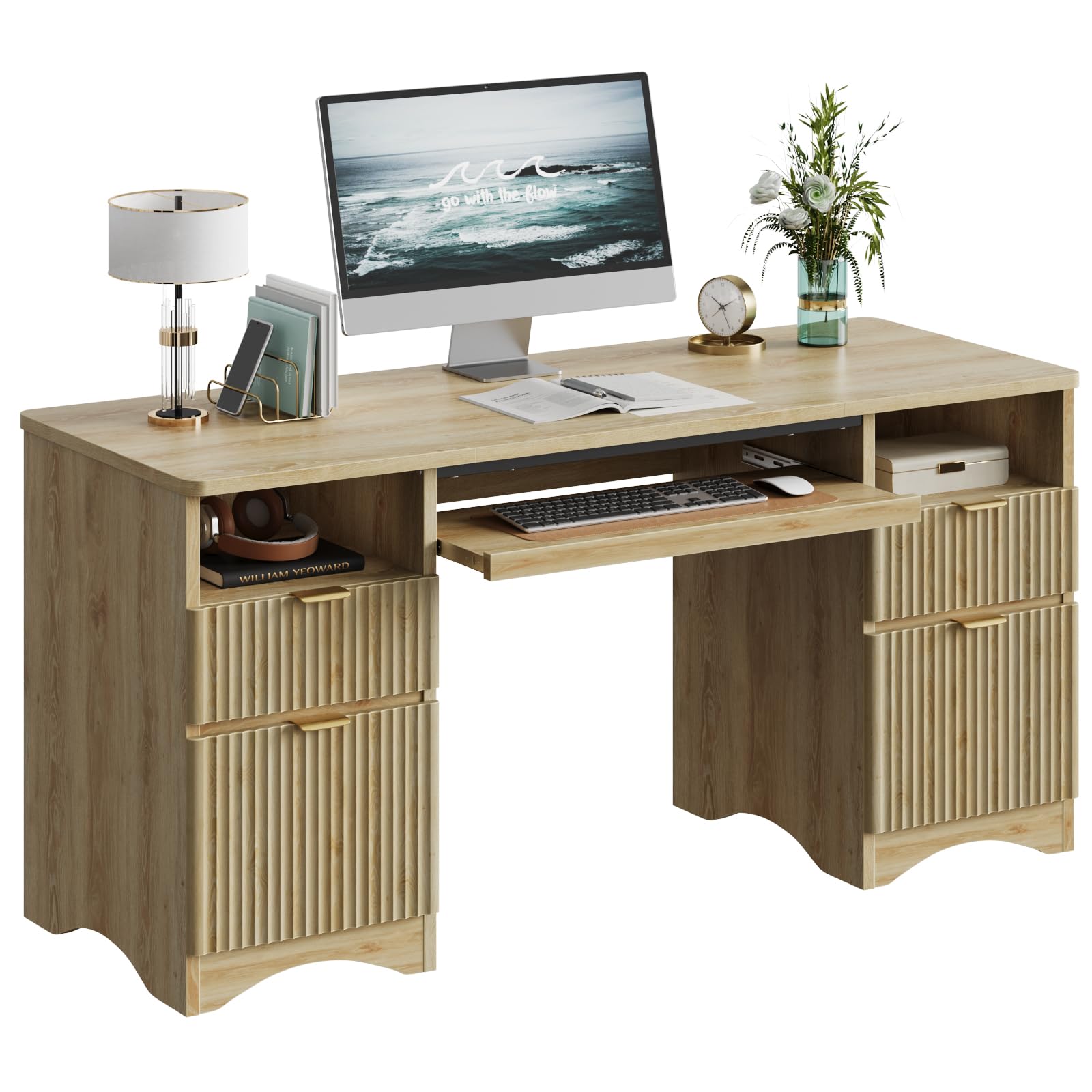 ( complete) Bestier Computer Desk with Keyboard Tray, 59 inch Office Desk with 4 Drawers, Modern Home Office Desk with File Drawer (Natual Oak, 59" W with Double-Sided Drawers)