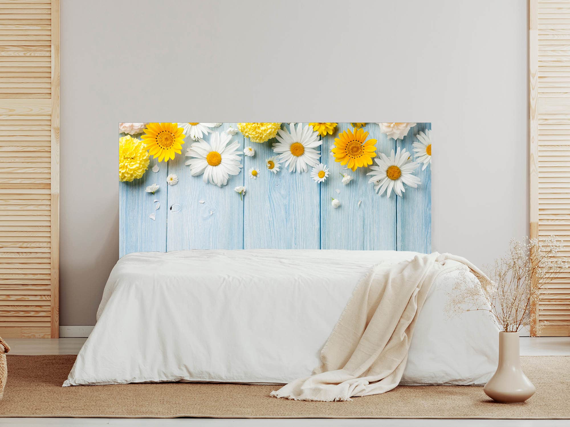 Oedim Cabecero Madera Azul con Margaritas, cabecero Decorativo para Camas, decoración para Habitaciones