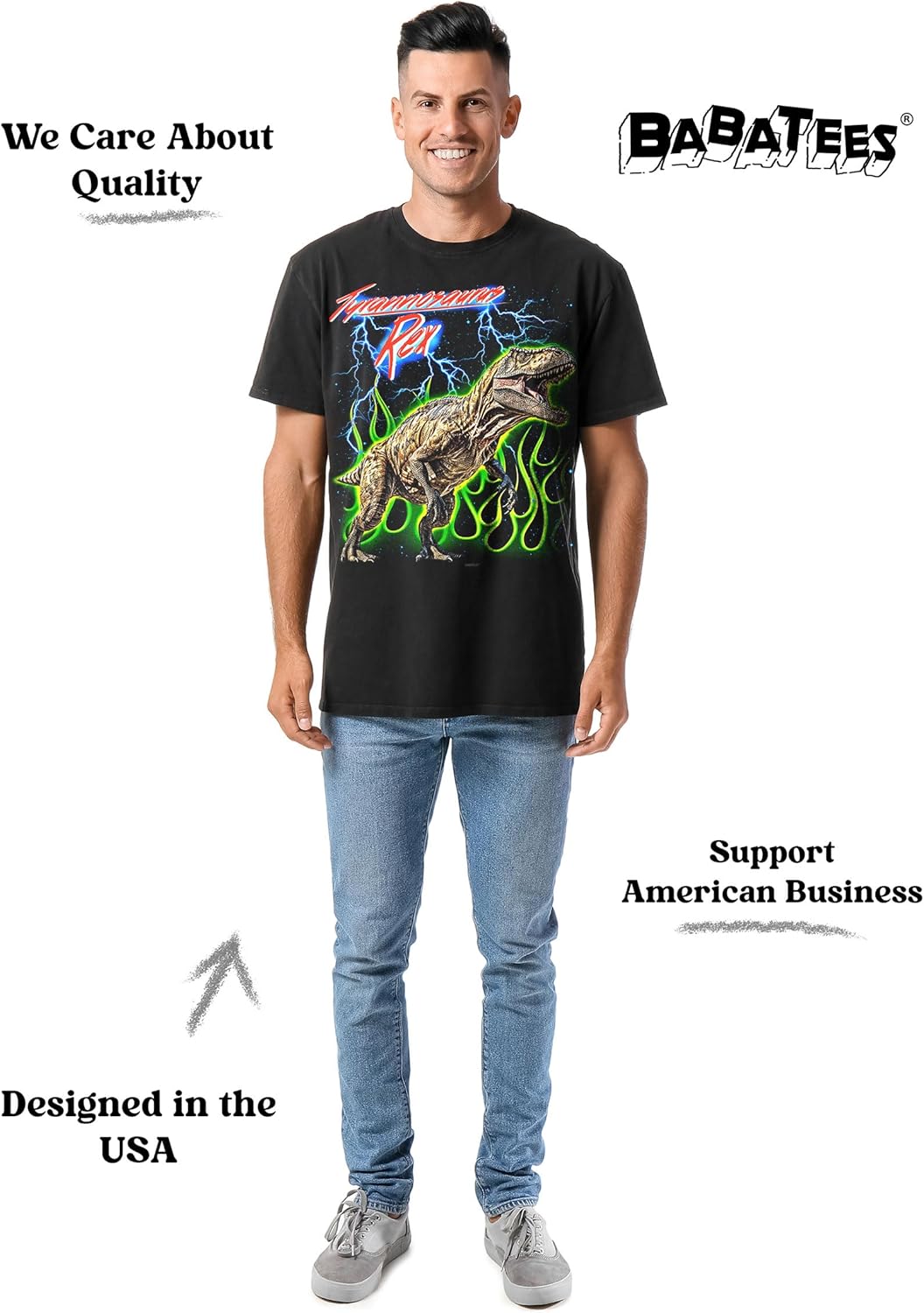 T-Rex Dinosaur Graphic Tshirt for Men & Women, 80s 90s Flames, Thunder & Lightning Jurassic Inspired