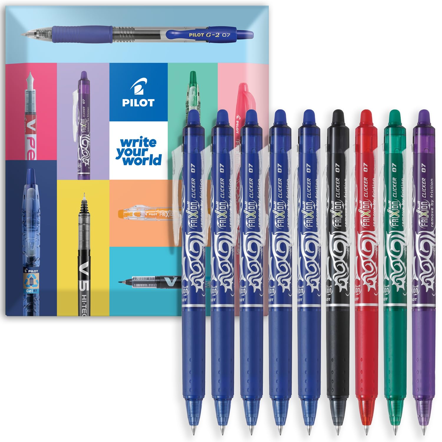 Pilot FriXion Clicker - Penna a sfera cancellabile a frizione, punta retrattile, punta da 0,7 mm, spessore tratto 0,35 mm, confezione da 9, set essenziale