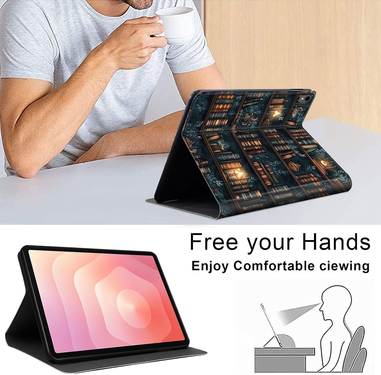 Case for Samsung Galaxy Tab S11 5G 11 Inch 2025, Slim Smart Stand Cover with Auto Wake/Sleep, Shockproof Protective Shell for Work & School, Drawn Bookshelv image 5