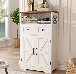 Bonvache Kitchen Storage Cabinet with Doors and 2 Drawers, Farmhouse Small Pantry Cabinet, Wood Rustic Buffet Sideboard Cabinet with Shelf for Living Room, Bathroom, Entryway, White
