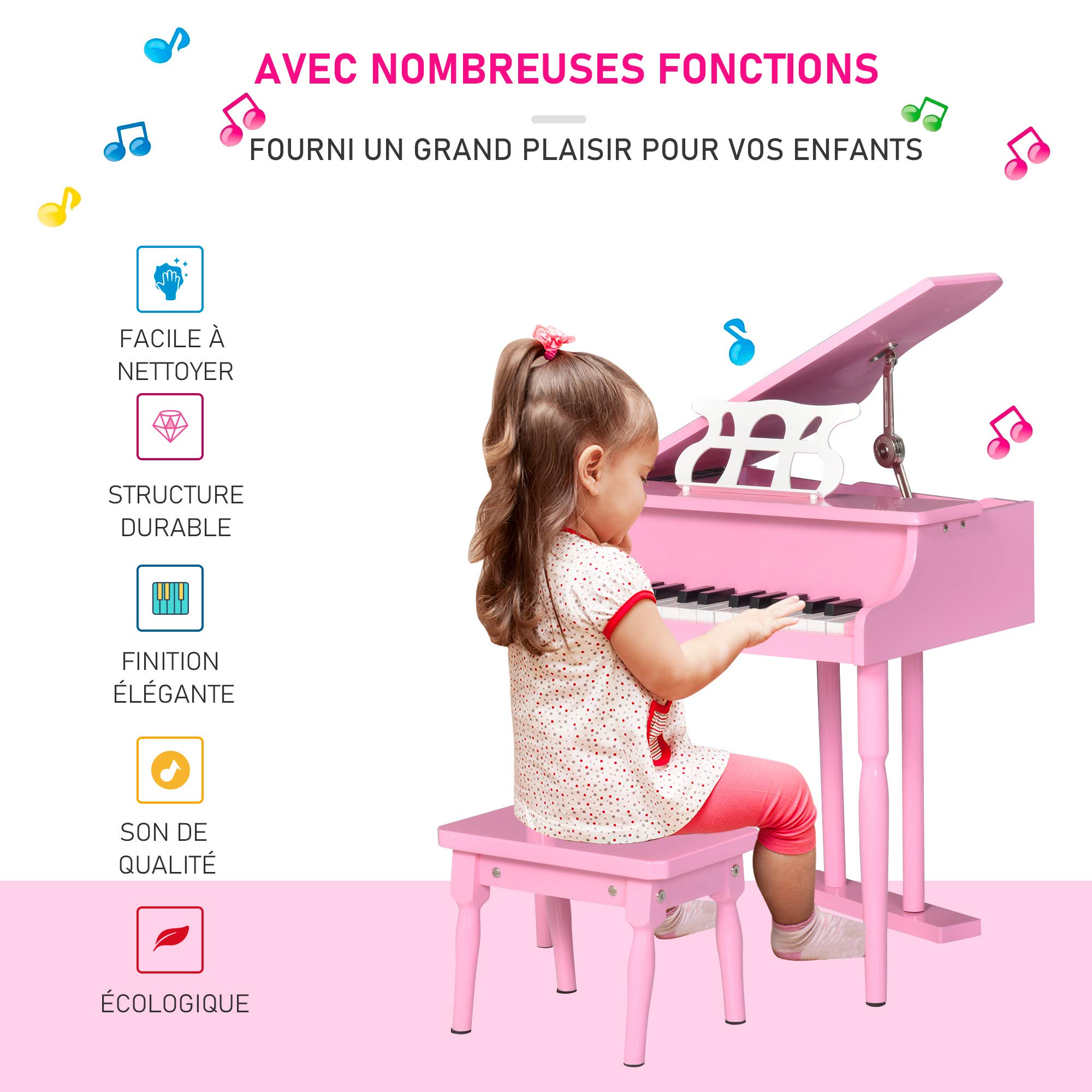 HOMCOM Piano mit Schwanzstück für Kinder, aus Holz, 30 Tasten, Hocker, MDF, Rosa | Klaviertastatur für Kinder, Musikinstrument
