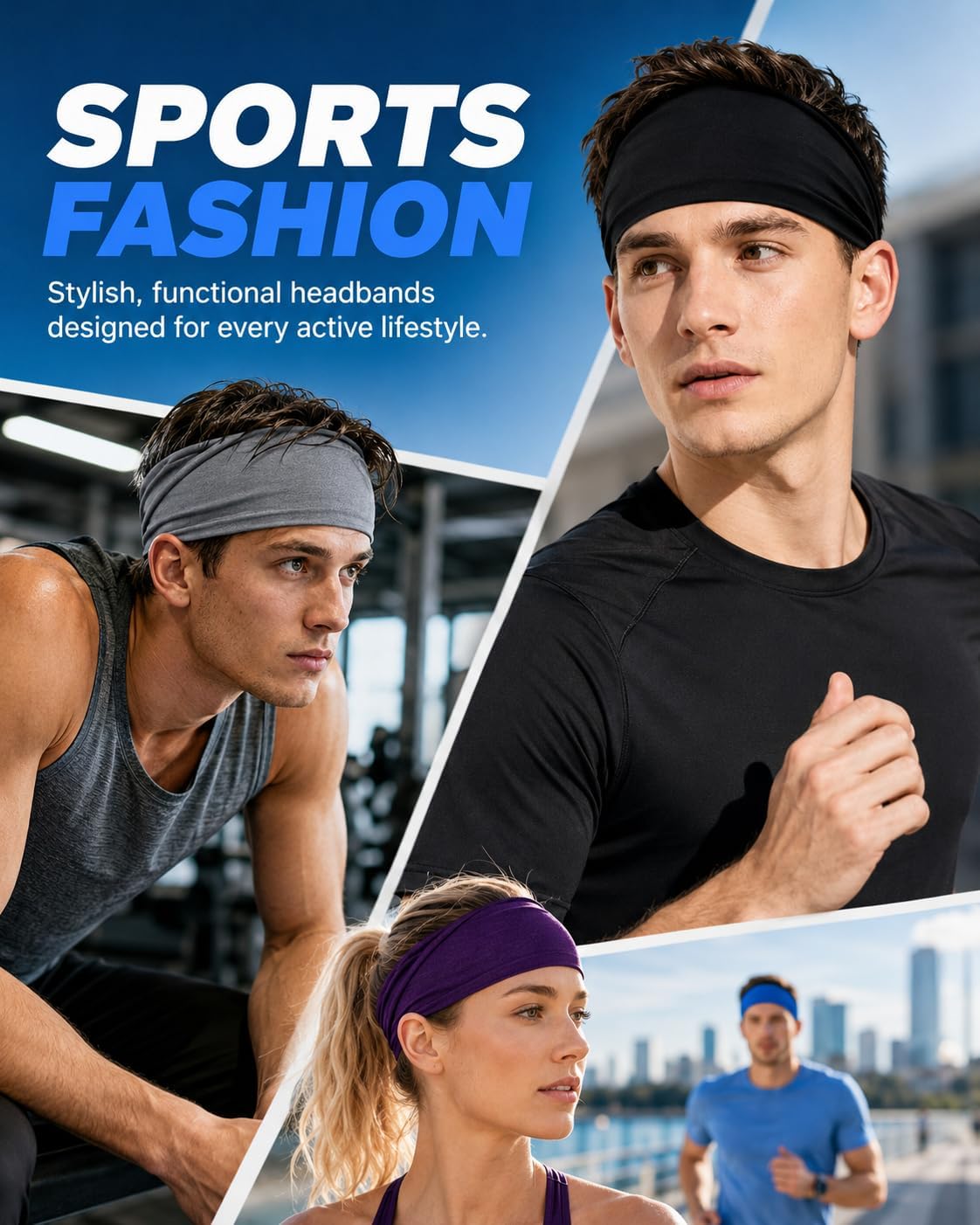 Sports Headbands for Men and Women, 6-Pack Moisture-Wicking Sweatbands for Running, Cycling, Gym, Yoga, Fitness Training