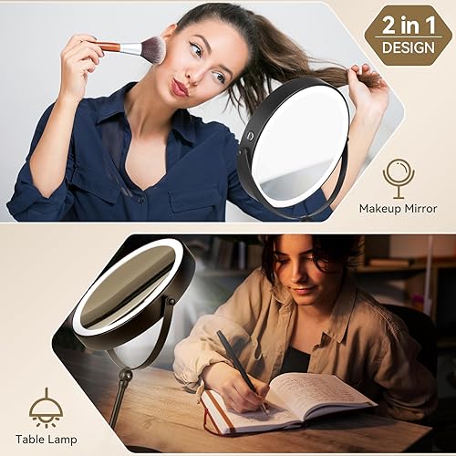 Miniatura 2 de Espejo de aumento iluminado de 9 pulgadas con altura ajustable, espejo de aumento de doble cara 1x10x con luz, espejo giratorio de 360 con soporte,