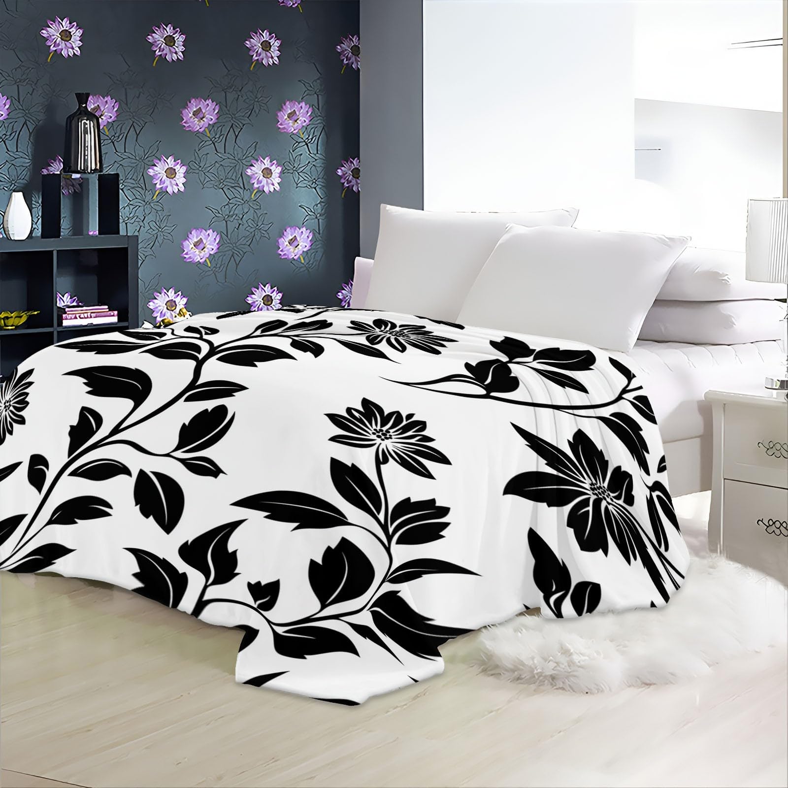Koc polarowy 220 x 240 cm Pojedynczy koc w linie kwiaty 3D nadruk w kratę Czarny koc z mikrofibry Sherpa, miękki i wygodny gruby koc flanelowy