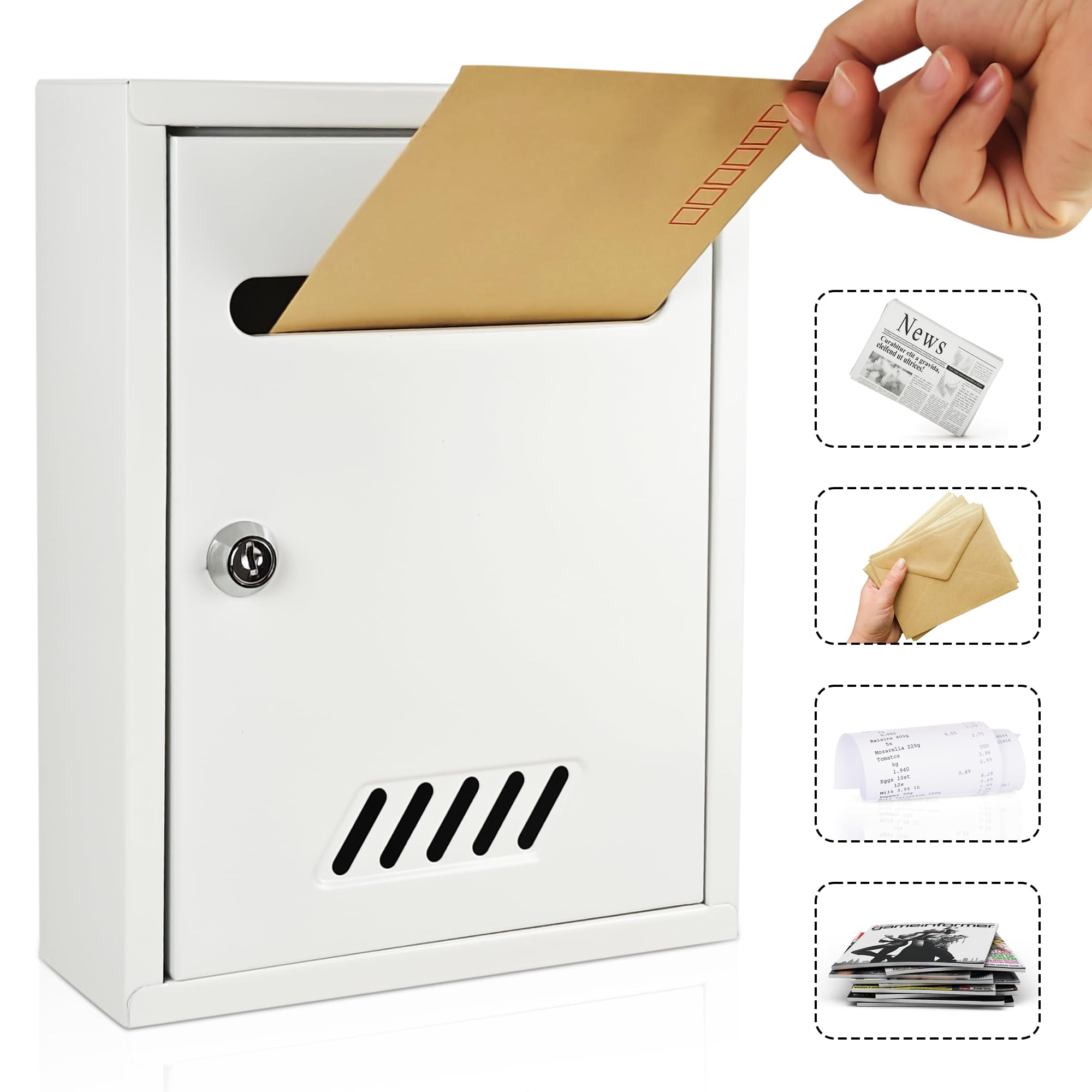 WENLISELL Suggestion Box Lockable Wall Mounted, 26x20x7.5cm Mail Box with Key, White Ballot Box for Home, Outside, Office, Hotel, Business - Image 4