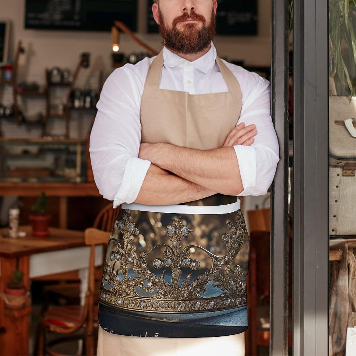 Crown Vintage Book Waist Apron with Pocket Waterdrop Resistant Kitchen Cooking Apron Half Bistro Server Aprons Adjustable Chef Aprons for Women Men, 23.6 X 11.8 Inch