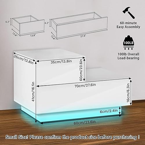 Miniatura 2 de HOMMPA Mesita de noche LED pequeña, moderna mesa de noche blanca de alto brillo con 2 cajones, mesita de noche con luz LED, mesa auxiliar con