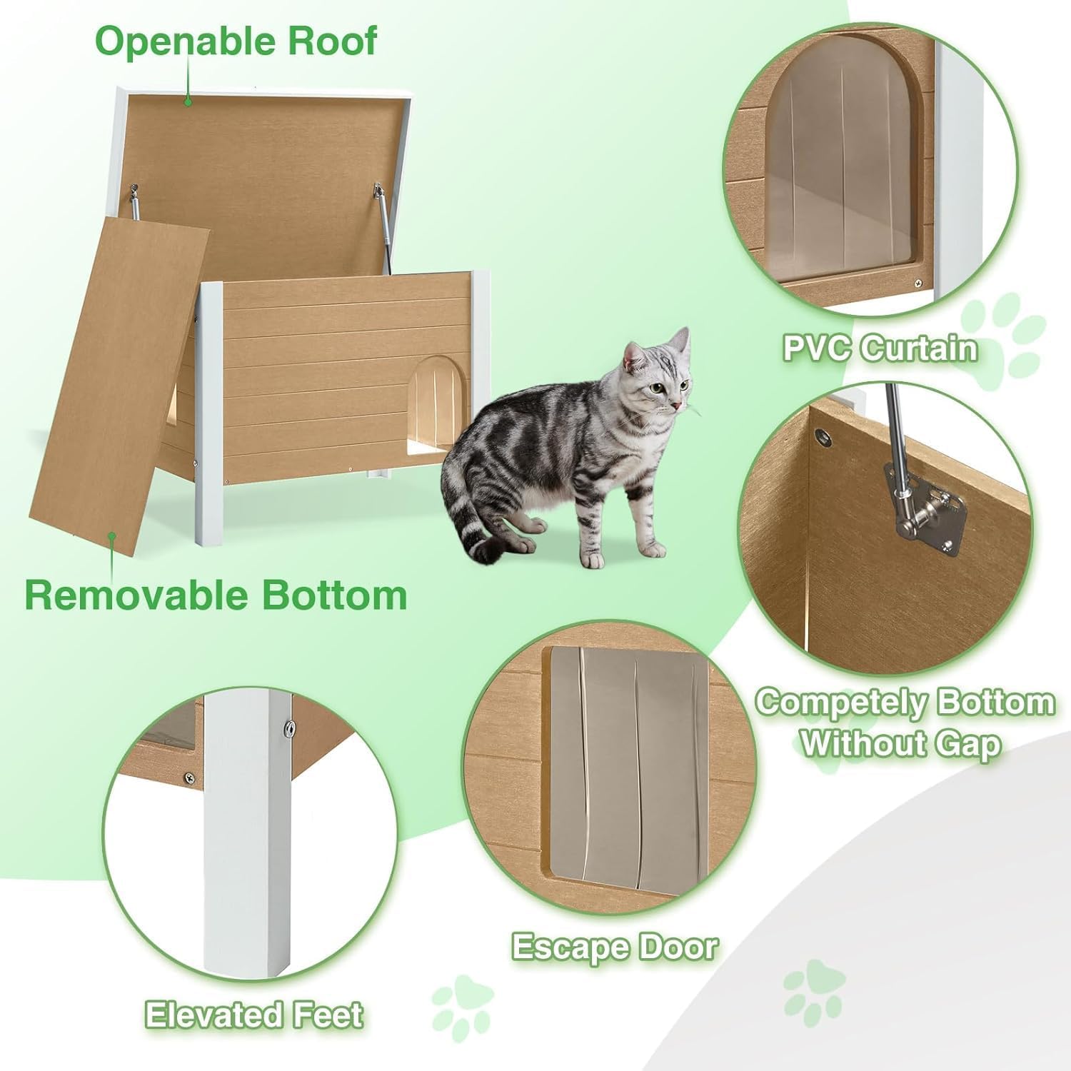 Psilvam Outdoor Cat House Weatherproof, Poly Lumber Cat Houses for Outdoor Cats Insulated, Feral Cat Shelter with Escape Door and Openable Roof 17.3" D x 28.7" W x 22.8" H (Teak Color)