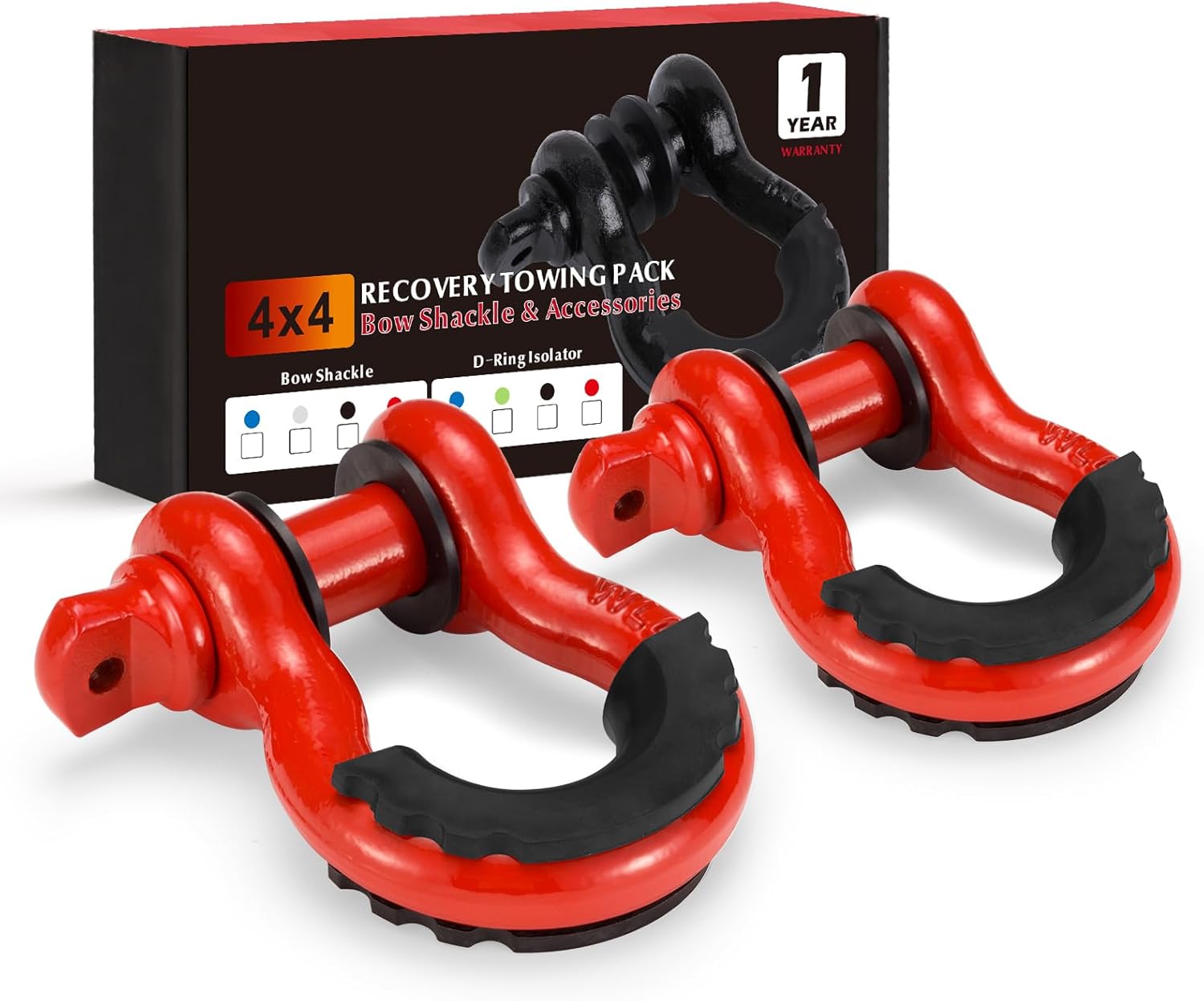 FieryRed 3/4 Inch D Ring Shackle 22046Ibs Break Strength with 7/8 Inch Locking Pin and Black Isolator Washer Kits to Use with Tow Strap, Pack of 2
