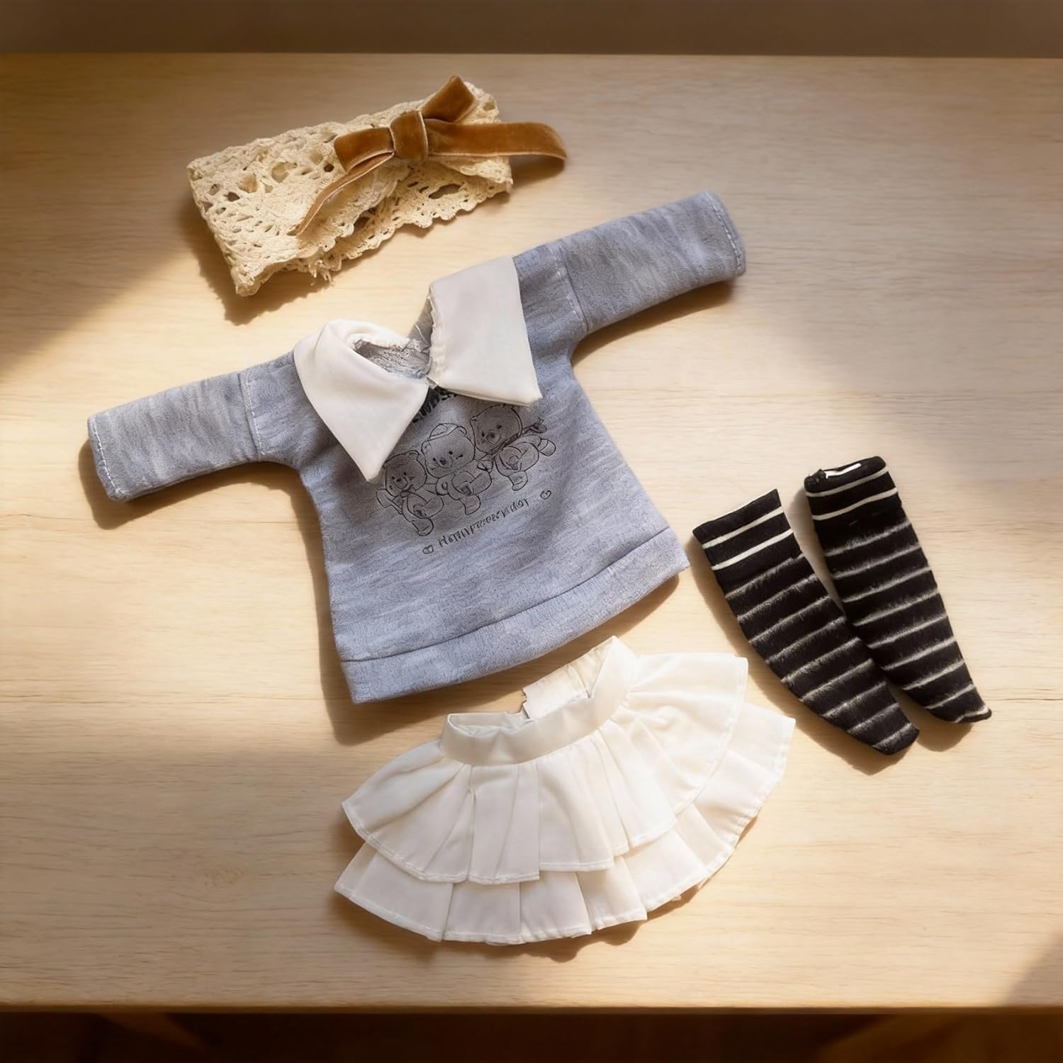 1/6 YoSD BJD Figure Outfit Set for 30cm Collectible – Soft Grey-Blue Sweater, Layered White Skirt & Crochet Headband, Doll Not Included