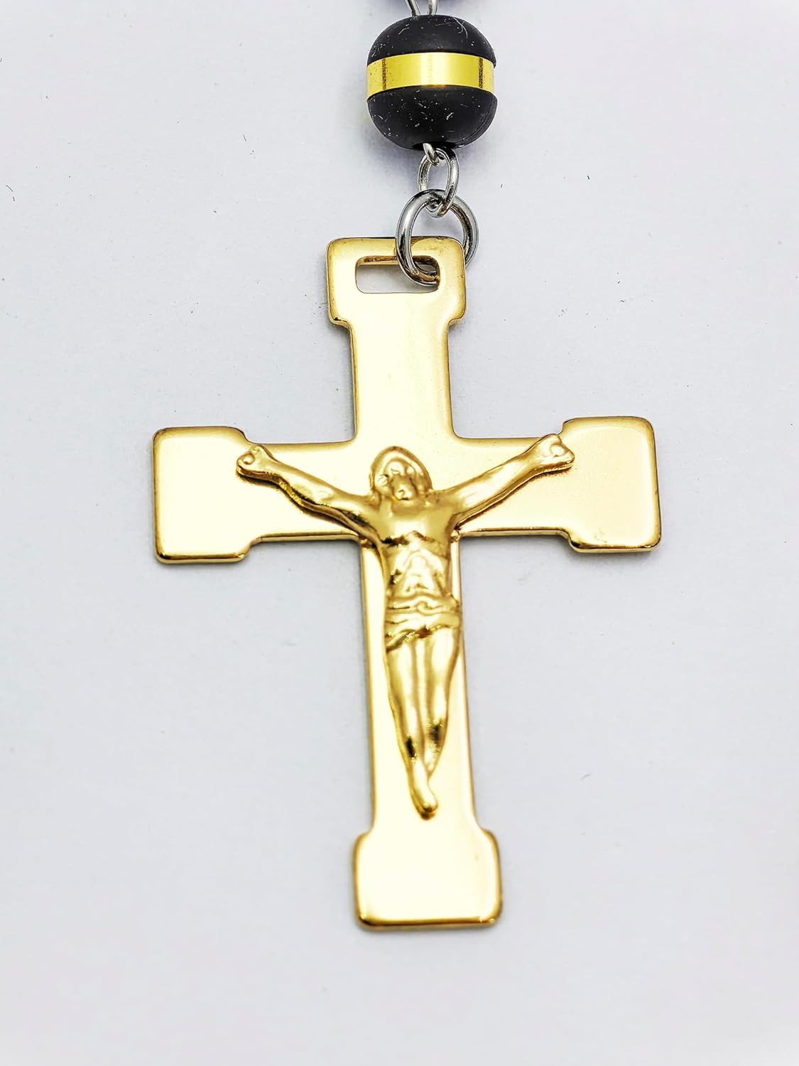 JAJAFOOK Mens Black Stainless Steel Black Gold Silicone Beads Rosary Necklace with Cross Pendant - Image 5