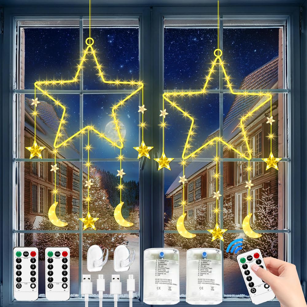 Luces Para Ventana Navidad,2 Piezas Estrellas Luces De Navidad,Luces Ventana Navidad LED,Alimentación Por Pilas Luces De Estrellas De Navidad Con Mando,Para Casa Ventana Fiesta Decoración Navideña