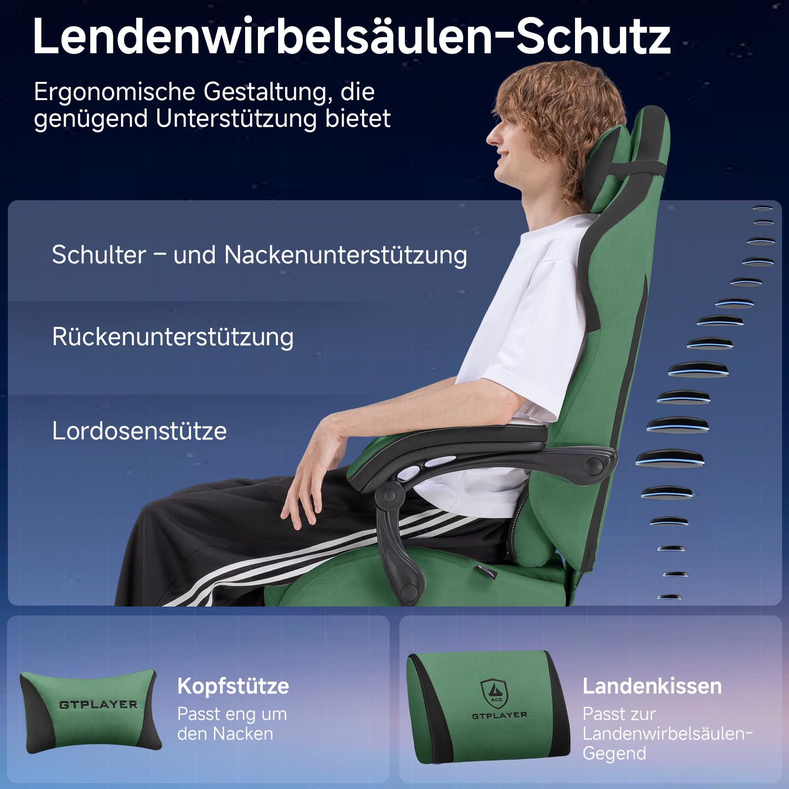 GTPLAYER Gaming Stuhl, Ergonomischer Gamer Stuhl aus Stoff mit Lendenwirbelstütze, PC-Stuhl mit verbreiterter Rückenlehne, Belastbar bis 150 kg, Grün