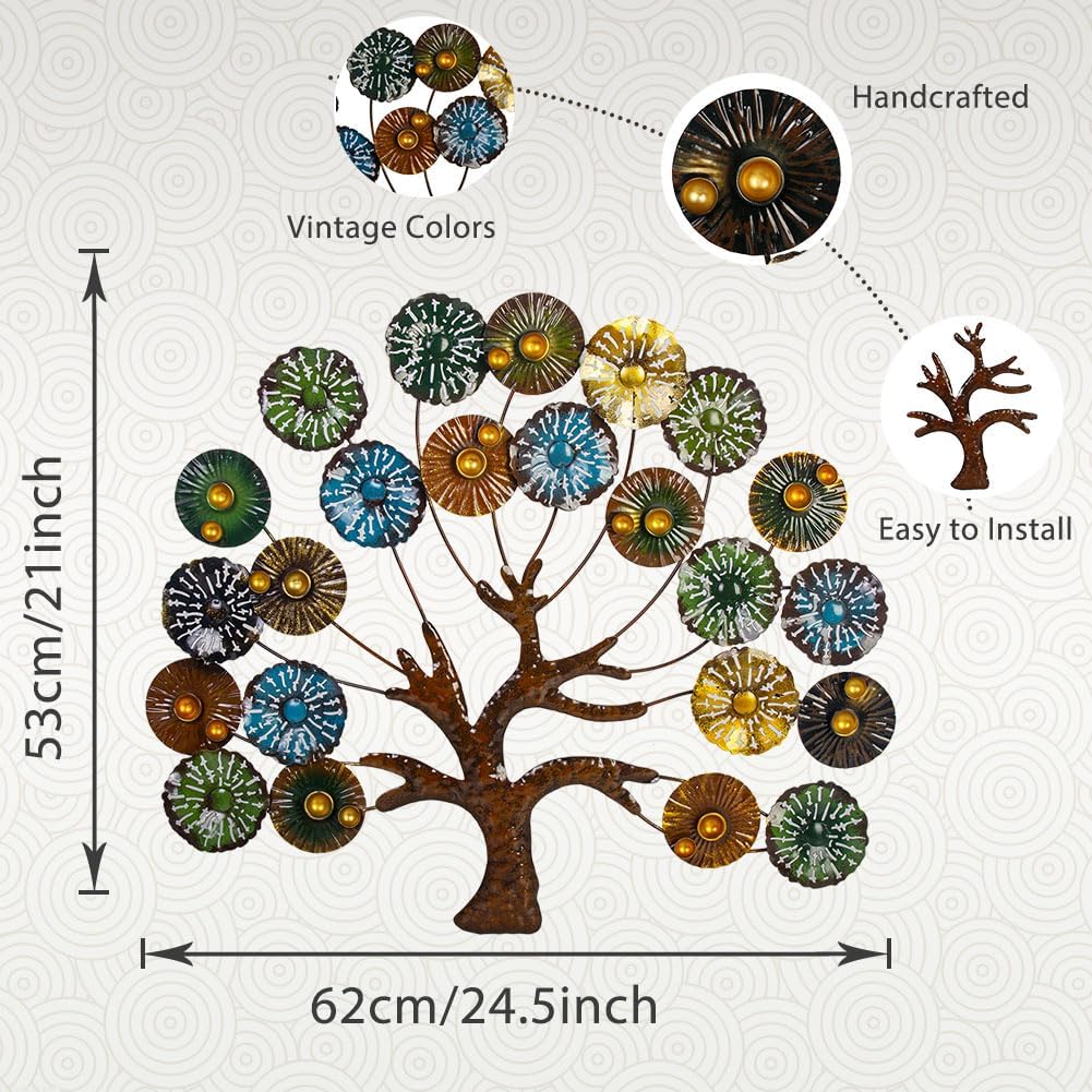 dreamskip Metal Wall Art Modern Large Tree of Life Wall Art with Multi Colored Leaves Handcrafted Outdoor Wall Decor Wall Sculpture for Living Room, Bedroom, Home, Garden (24.5 Inches)