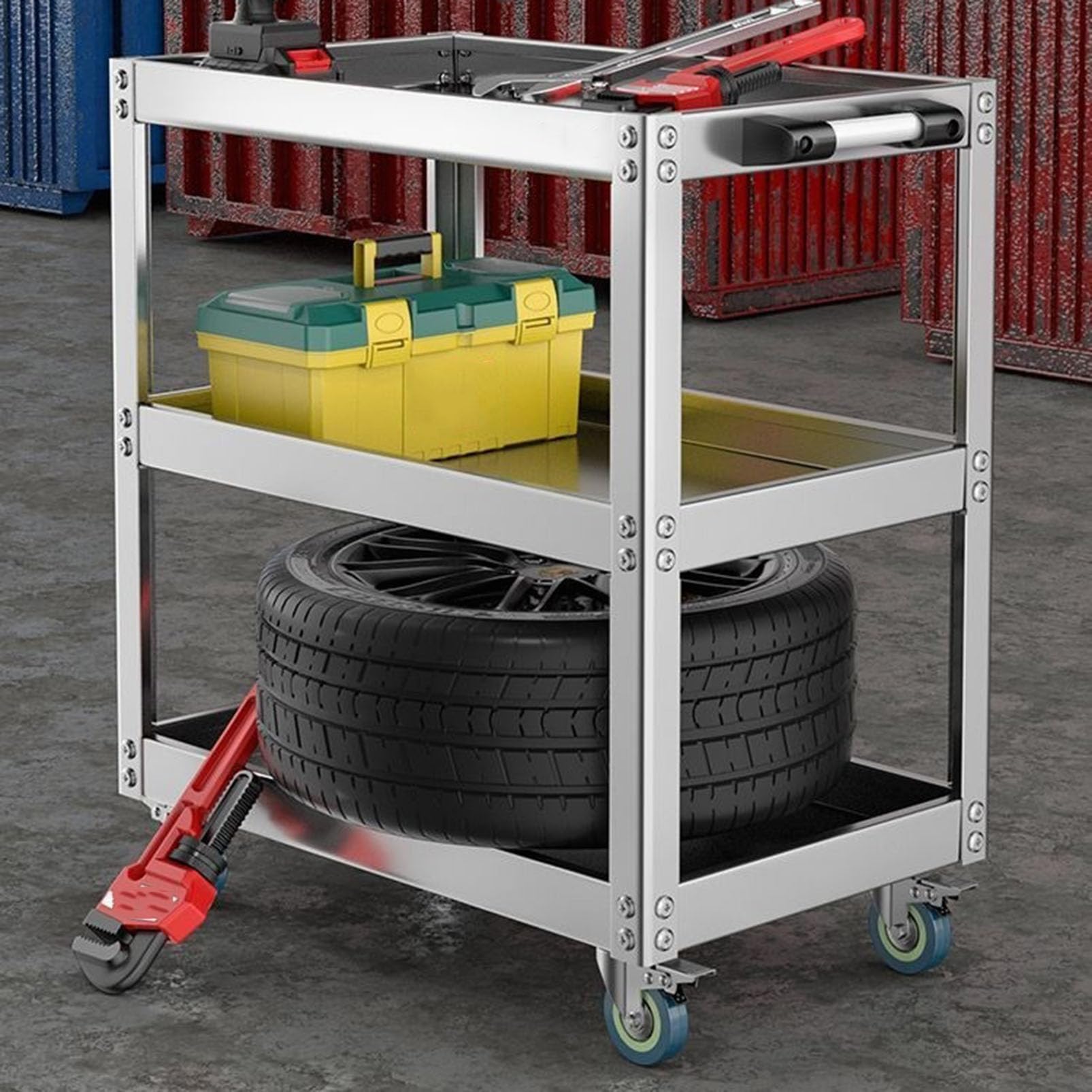 Carrello portautensili in acciaio inox resistente con ruote, organizer per attrezzi meccanici, grande capacità, per garage, magazzini e officine