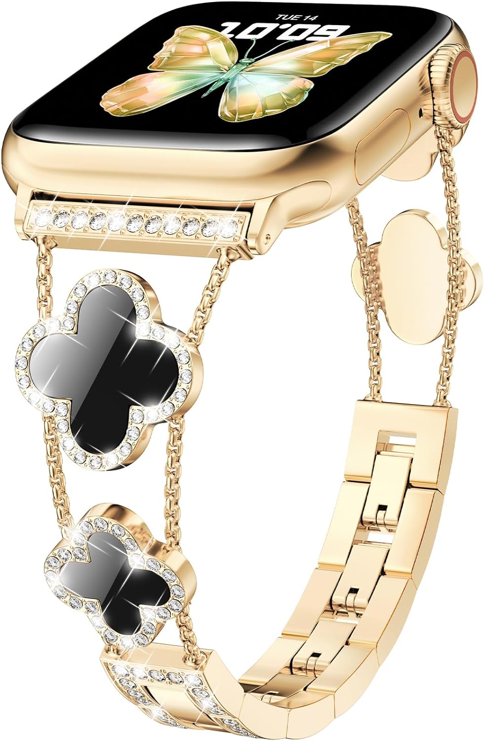 CTYBB Bling Diamond Band Compatible with Apple Watch Bands for Women 40mm 41mm 38mm 42mm Series 11 10 9 8 7 6 5 4 SE 3 2 1, Sparkle Metal Bracelet Wristband, Cute Lucky Clover Dressy iWatch Band,Gold/Black A-Gold/Black 38mm/40mm/41mm/42mm(Series 11/10) - Image 1 of 7
