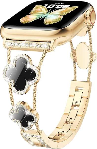 CTYBB Bling Diamond Band Compatible with Apple Watch Bands for Women 40mm 41mm 38mm 42mm Series 11 10 9 8 7 6 5 4 SE 3 2 1, Sparkle Metal Bracelet Wristband, Cute Lucky Clover Dressy iWatch Band,Gold/Black