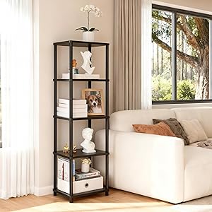 YGYQZ Bookshelf, 5-Tier High Vertical Book Shelf with Large Capacity, DIY Stackable Wooden and Metal Bookshelf Organizer, Suitable for Living Rooms, Offices, Bedrooms, and Studies