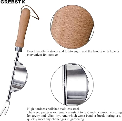 Miniatura 4 de GREBSTK Horquilla de mano de acero inoxidable Weeder Tenedor Mango de haya Césped Yard Herramienta de jardinería