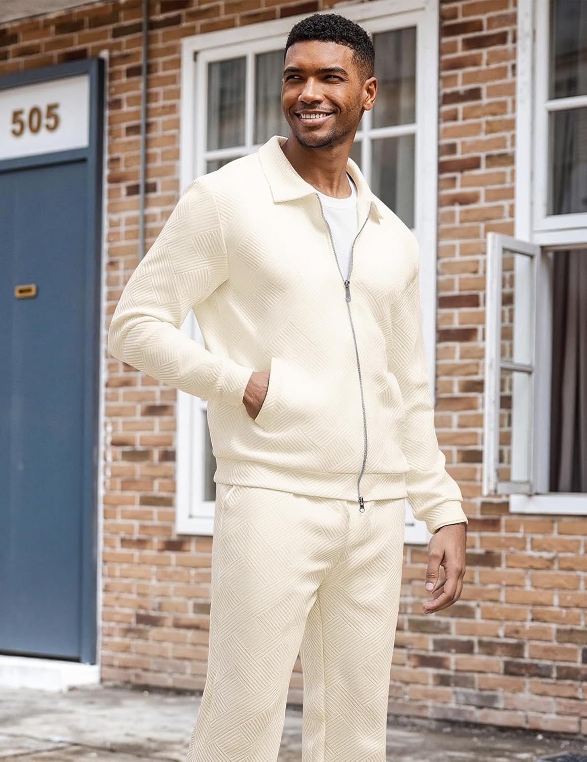 UOUA Mens 2 Piece Tracksuits Set Casual Jacquard Sweatsuits Outfits Full-Zip Jakcet & Loose Jogging Pants - Image 4