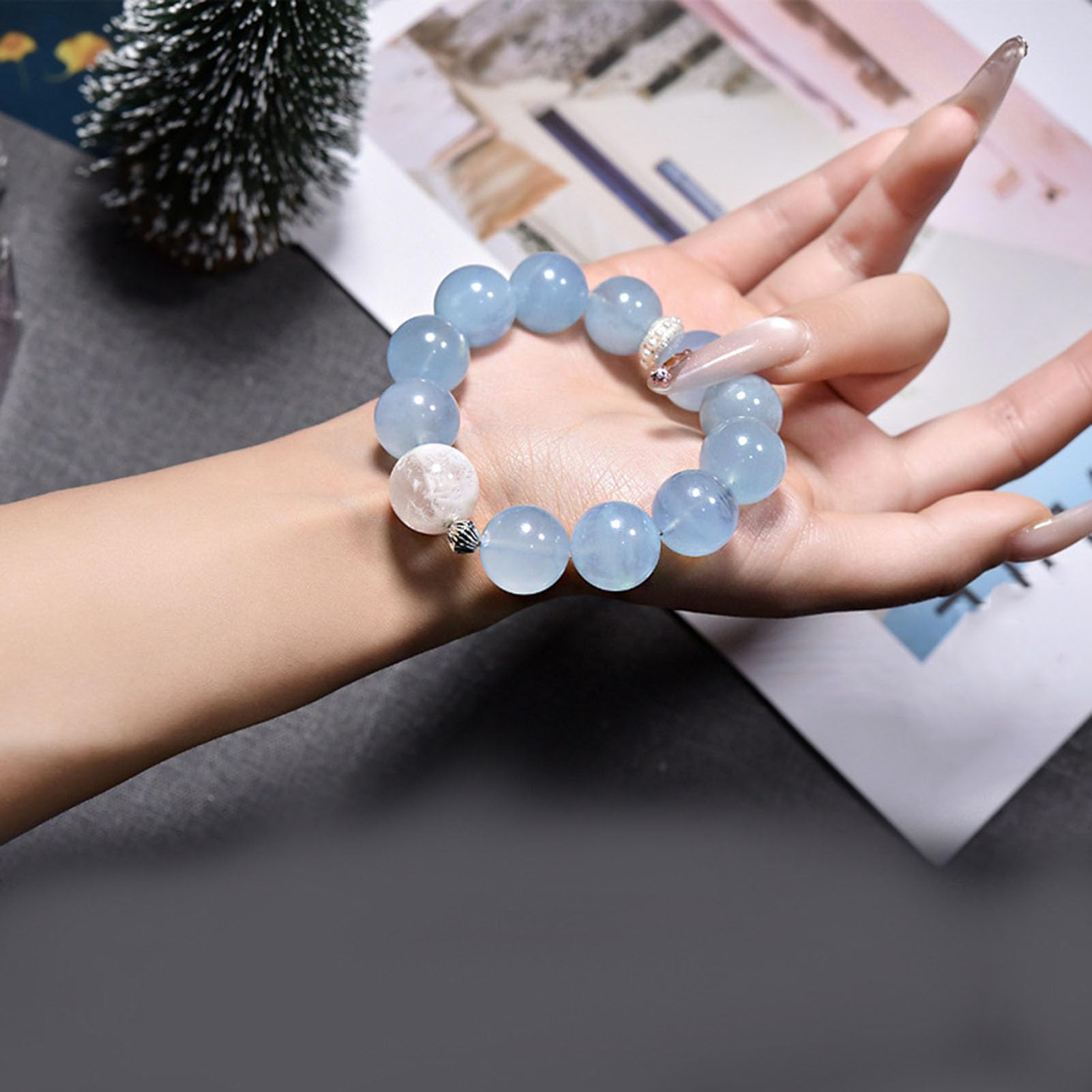 Pulsera de Piedra Aguamarina, auténticas Pulseras elásticas con múltiples Piedras Preciosas, Cuentas de Cristal Azul Claro para la Paz y la claridad, joyería elástica meditación,A