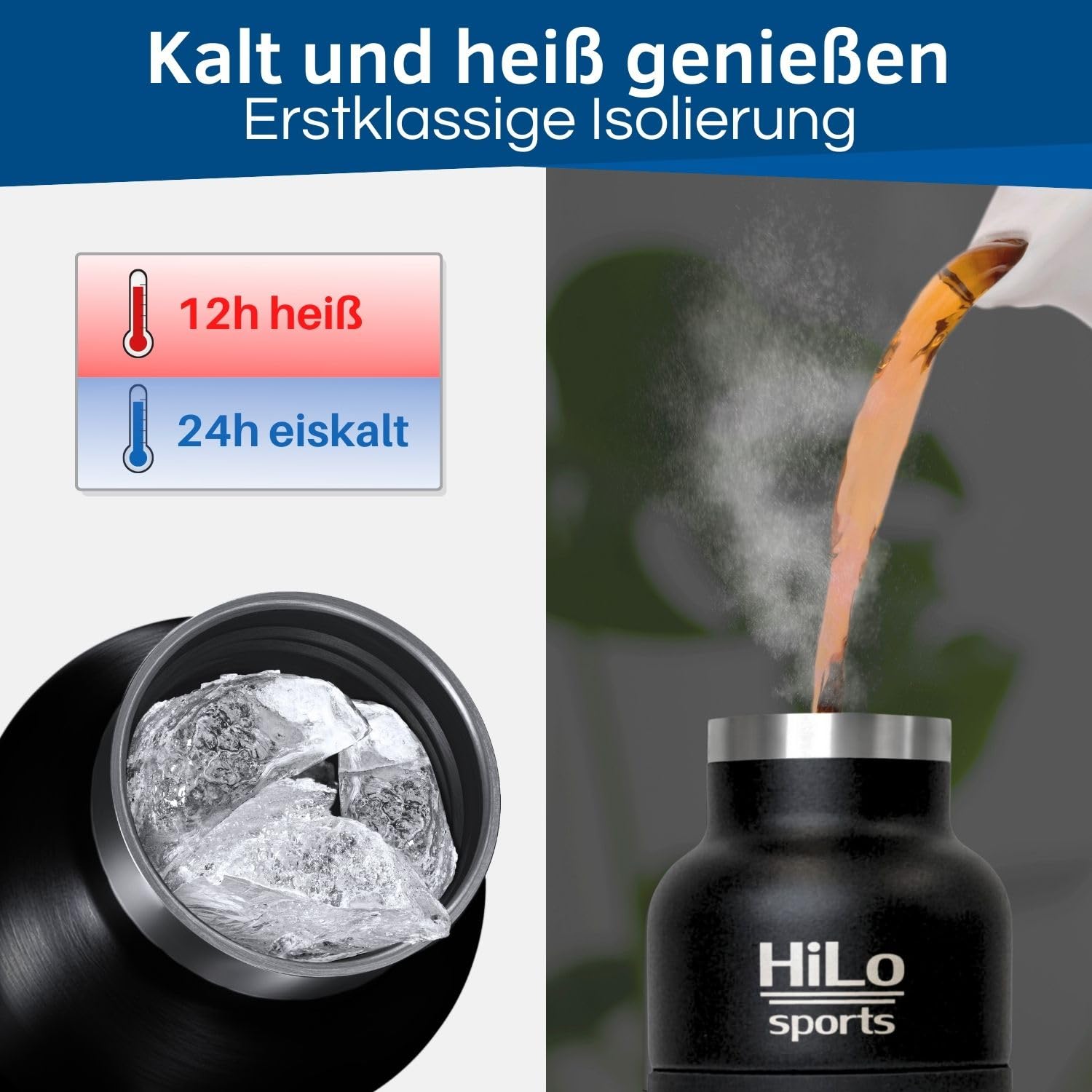 HiLo sports 600 ml Fahrradflasche Edelstahl Isoliert - Für Kunststoff Flaschenhalter - [Pulver Beschichtetes Edelstahl] - Fahrrad Trinkflasche mit 2 Verschlüssen - Thermo Radflasche