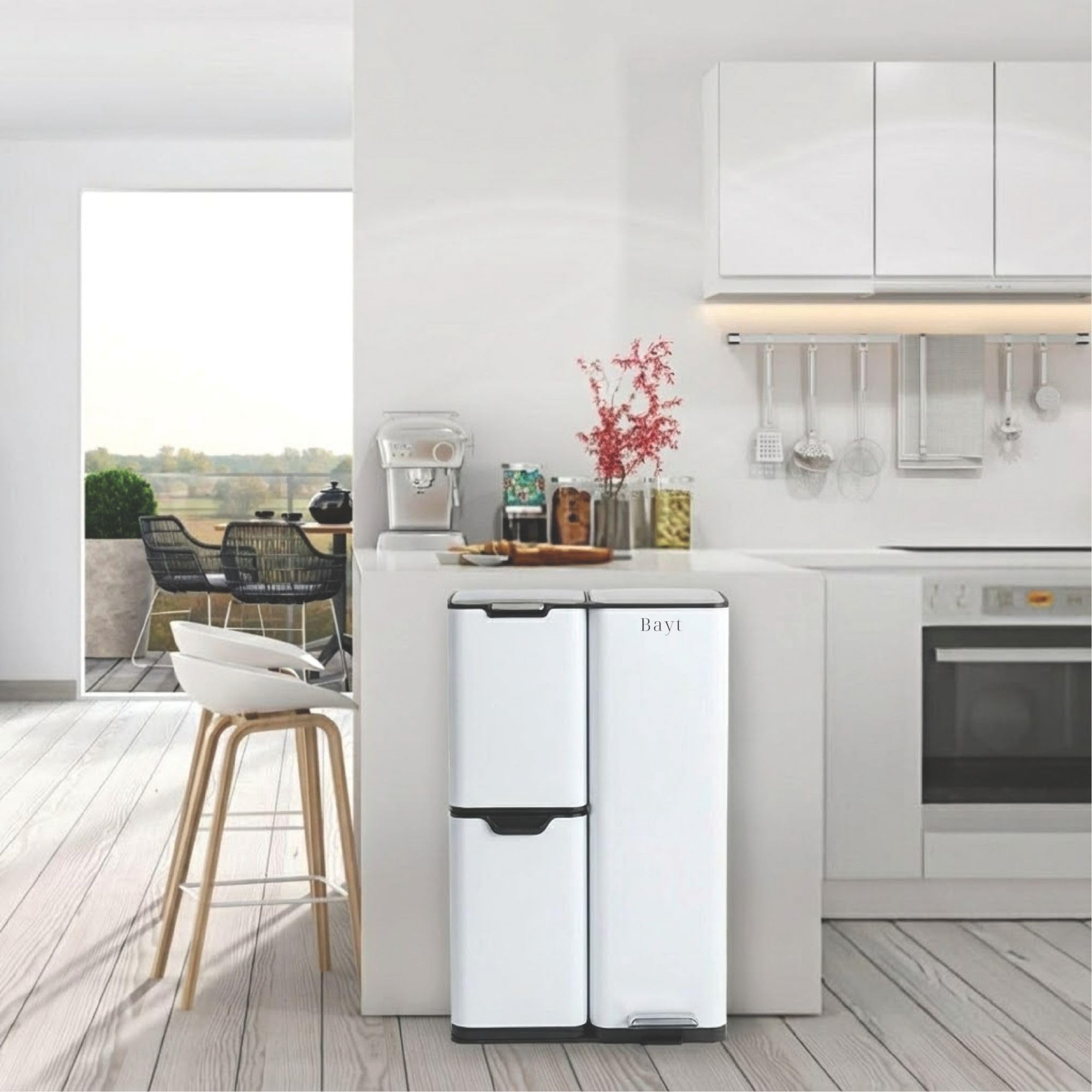 Bayt Poubelle Cuisine 60 Litres - Poubelle Tri Selectif Cuisine Pédale 60L | De Tri Déchets et Recyclage 3 Compartiments | Bac De Tri Inox Anti Odeur | Poubelles a Pedale 3 Bac Chambre - Blanc