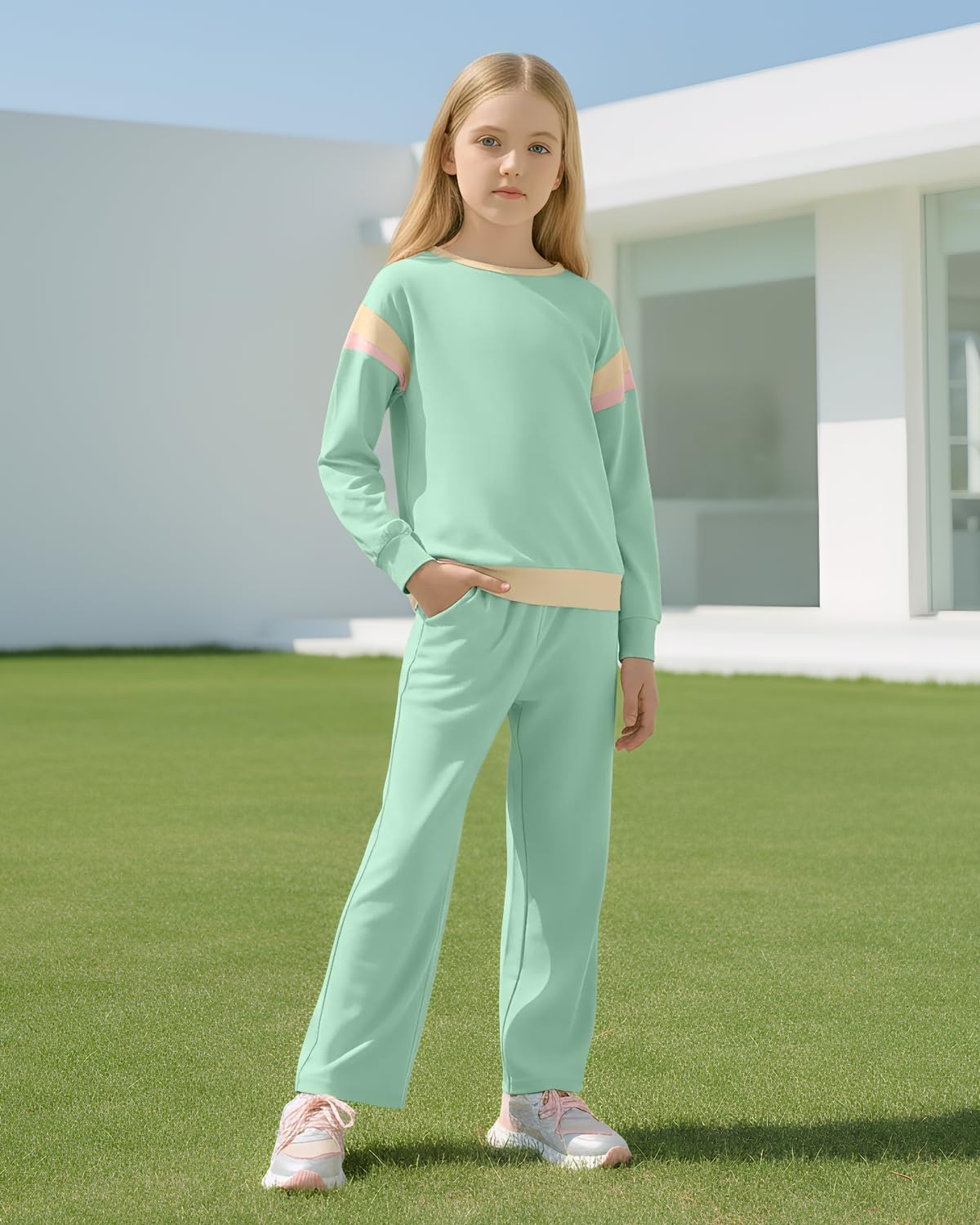 JiAmy Girls Clothing Sets 2 Piece Color Block Sweatsuit Long Sleeve Stylish Tops and Pants Clothes for 3-12 Years - Image 2