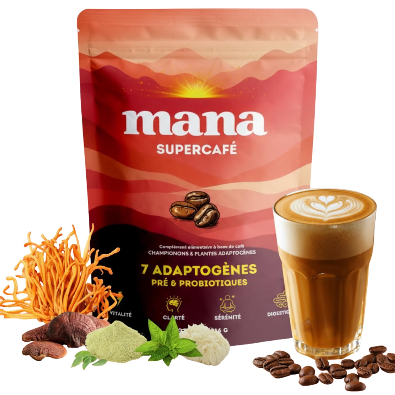 Café Adaptogène aux Champignons | Énergie sans Crash | Lion's Mane, Reishi, Ashwagandha, Cordyceps, Chaga, Rhodiola, Maca | Probiotiques | Poudre 216g 30 Doses | Mana Supercafé