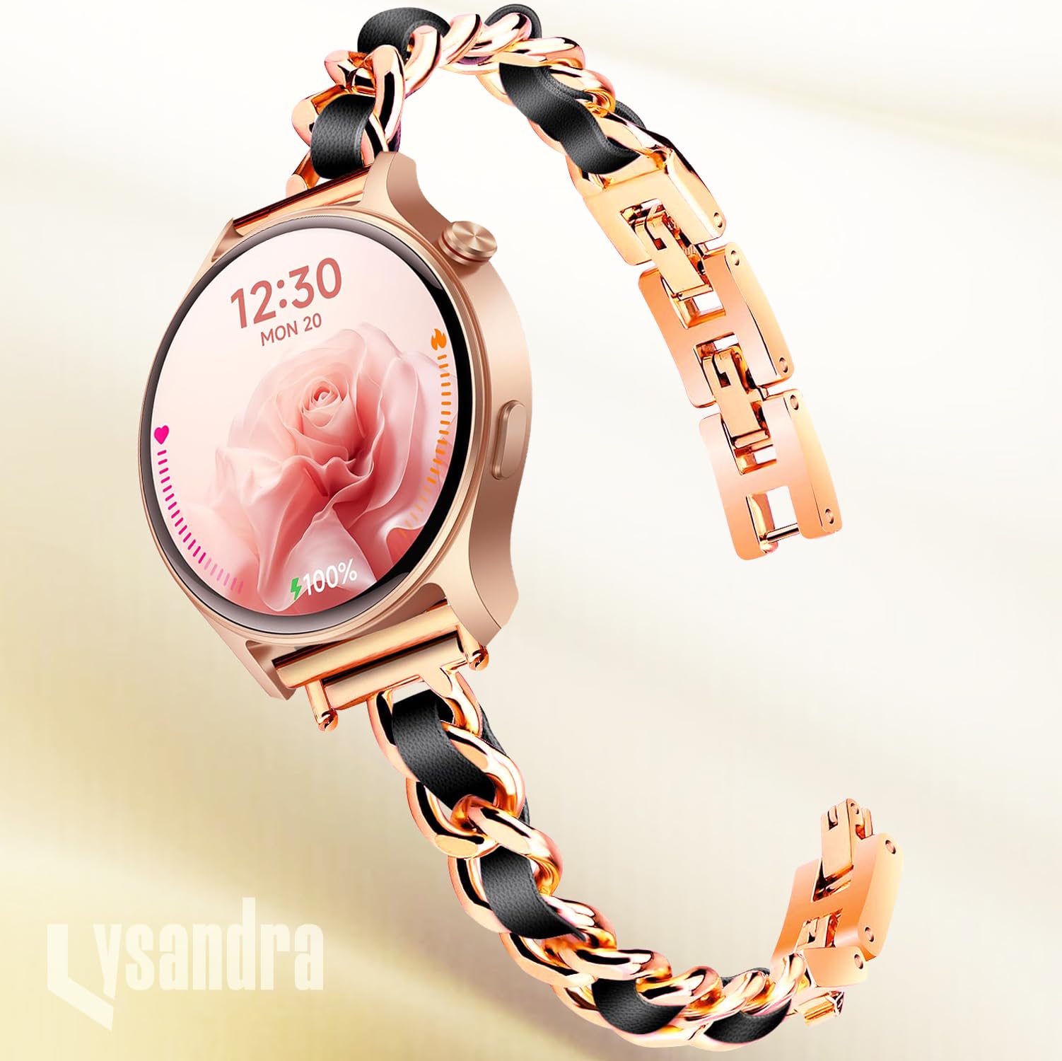 LYSANDRA Correa de pulsera de cadena de metal ajustable compatible con reloj inteligente Fitpolo AR-01, aeac AR-01, correa de pulsera de cadena de metal ajustable con cuero (oro rosa)
