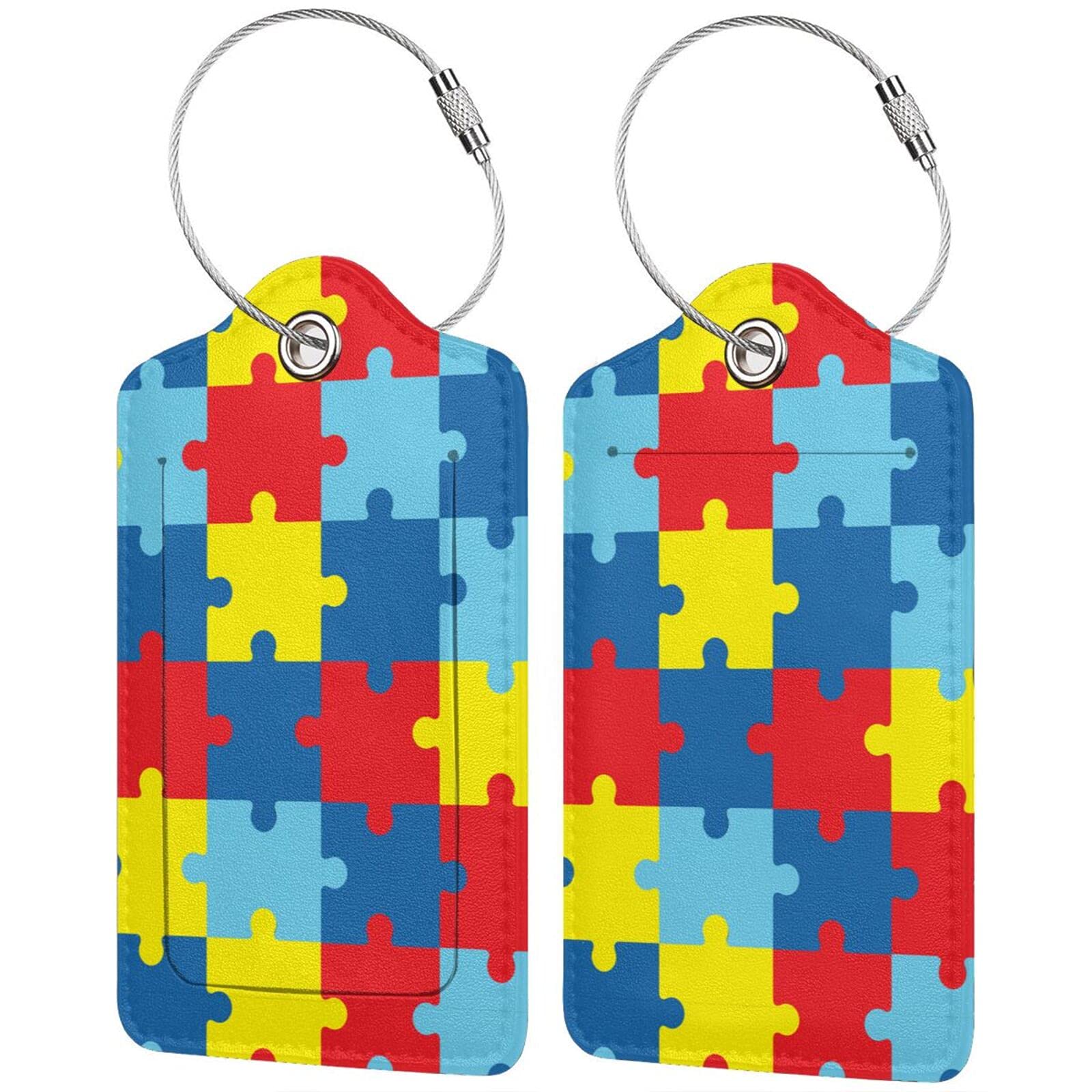 Autism Awareness Puzzles 2 Pcs Luggage Tags, Privacy Cover Id Label with Stainless Steel Loop and Address Card for Suitcases & Travel Bags