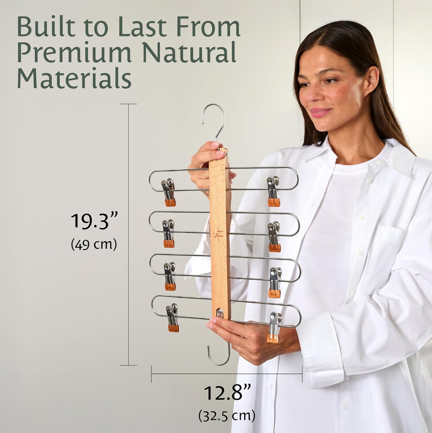 HANGSAGE Skirts Hangers, 2-Pack Space-Saving Beechwood & Metal Skirt Holder, 4 Tiers, 360° Swivel Hook & Adjustable Multi-Clip Design, Elegant Closet & Wardrobe Organizer