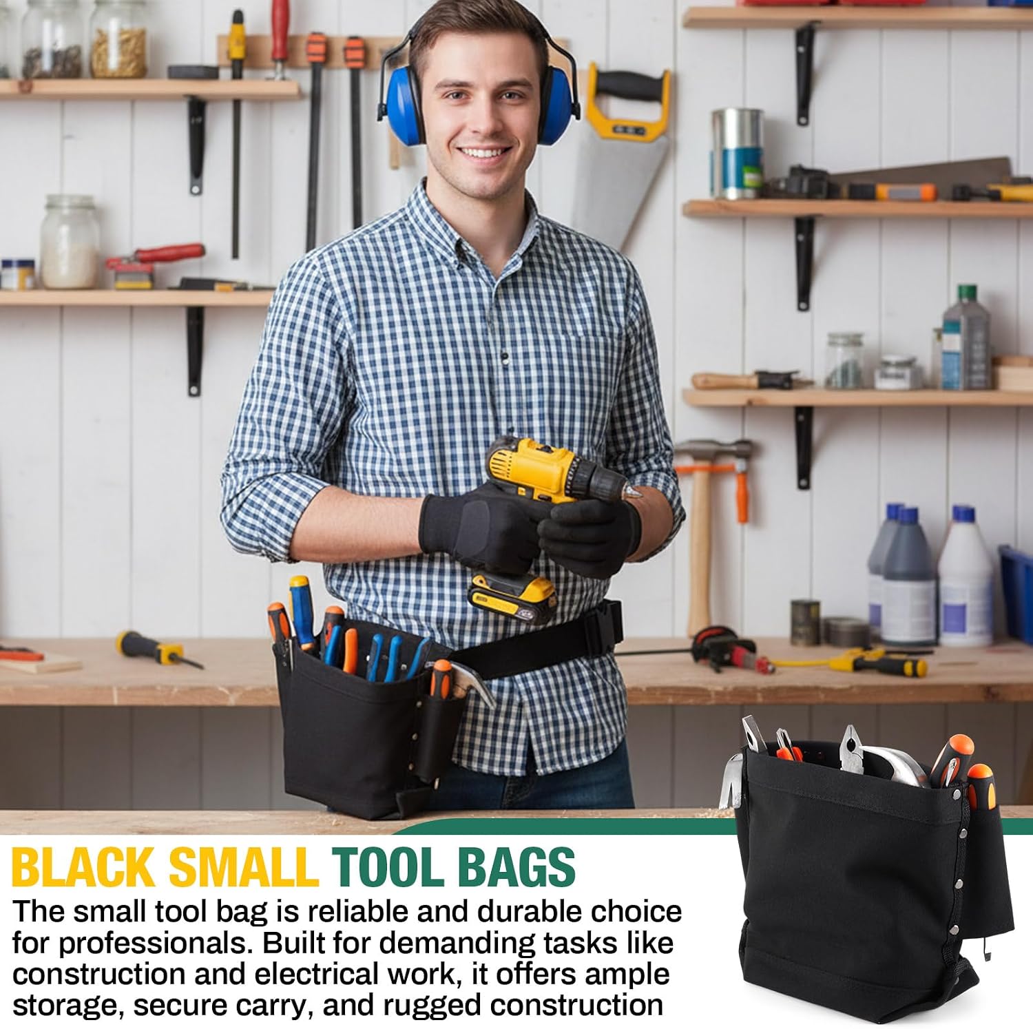 Tool Bag with Bull Pin Loops & Tunnel Connection, 5" x 10" x 9" | Utility Pouch for Bolts, Nuts & Hand Tools, Double Reinforced Bottom Small Tool Bag for Jobsite Electrical Construction Work