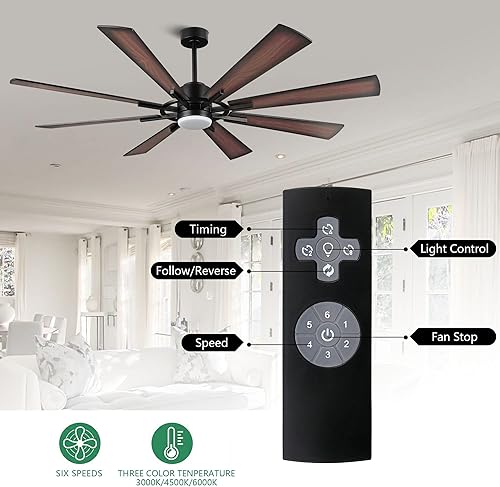 Miniatura 4 de WINGBO Ventilador de techo CC de 60 pulgadas con luces y control, ventilador de techo negro mate con aspas reversibles de nogalnogal, motor de CC de