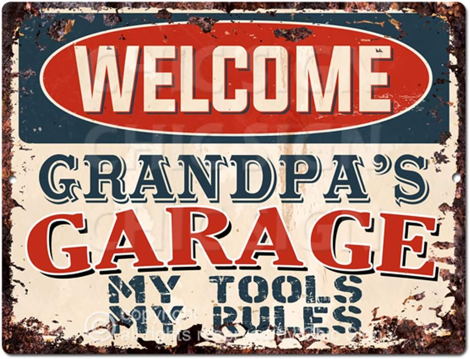 Letrero vintage retro rústico de 9 x 12 pulgadas, con texto en inglés «Welcome Grandpa’s Garage My Tools My Rules My Rules», decoración de cueva
