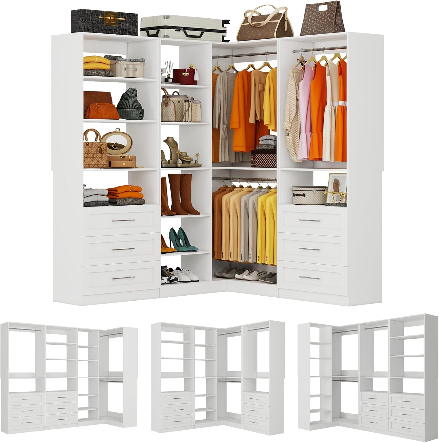 Closet System with 3 Sets, 6.5-16FT Corner Closet Organizer System with 6 Drawers & 11 Shelves & 6 Hanging Rods, Custom L-Shaped Modular Walk-in Closet Organizers and Storage System Corner, White