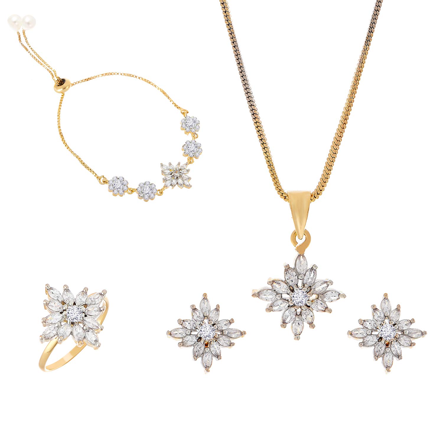 ZENEME Jewellery Set Cubic Zirconia 18K Gold Plated Elegant Pendant Set With Bracelet Ring Jewellery For Women & Girls (White) (B08QDRC72H) Amazon Price History, Amazon Price Tracker