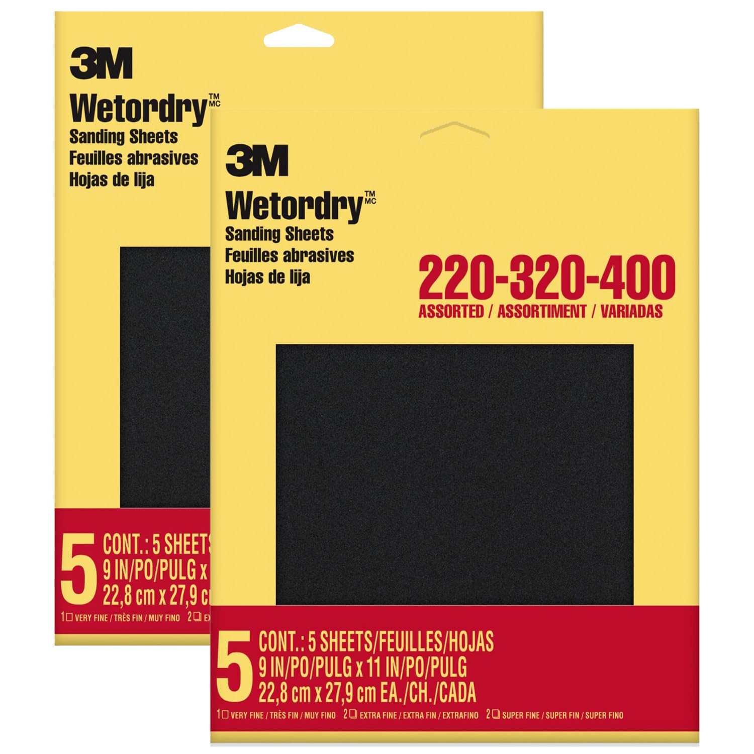 3M Wetordry Sandpaper, 5 Sheets, 9 in x 11 in, Assorted Grits (220/320 / 400), Use for Wet and Dry Sanding, for Sanding Between Coats of Varnish, Lacquer, Paint & Other Finishes (9088DC-NA), 2-Pack