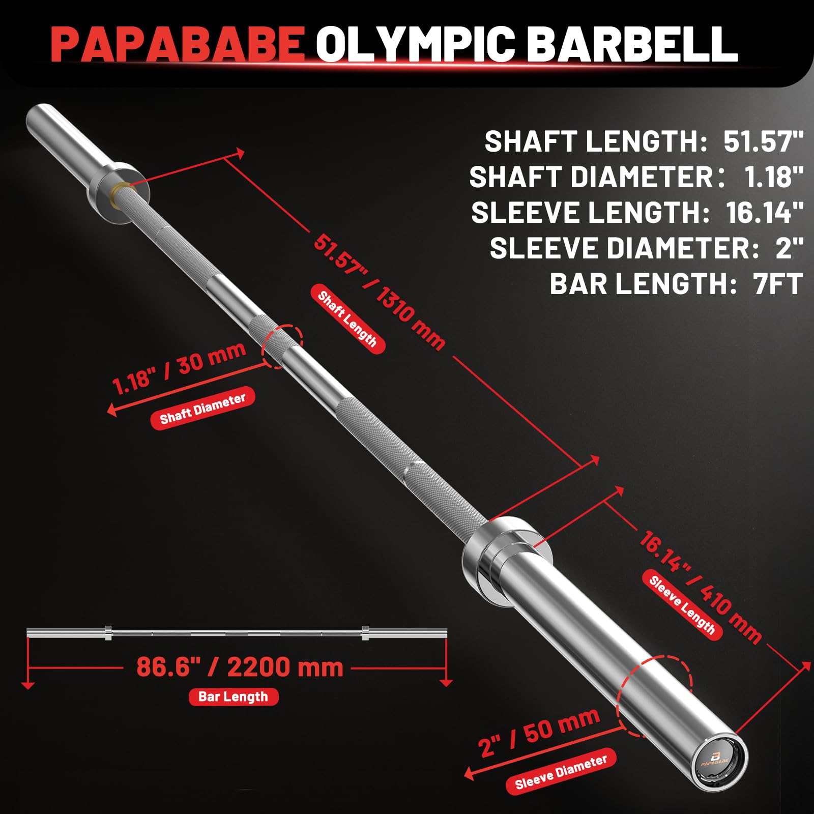 PAPABABE Barbell, 7ft Olympic Barbell 45lb Solid Chrome, 2-Inch Sleeves with Hybrid Needle Bearings & Bushings, 1000lbs Capacity Home Gym Bar for Stable Training (Silver)