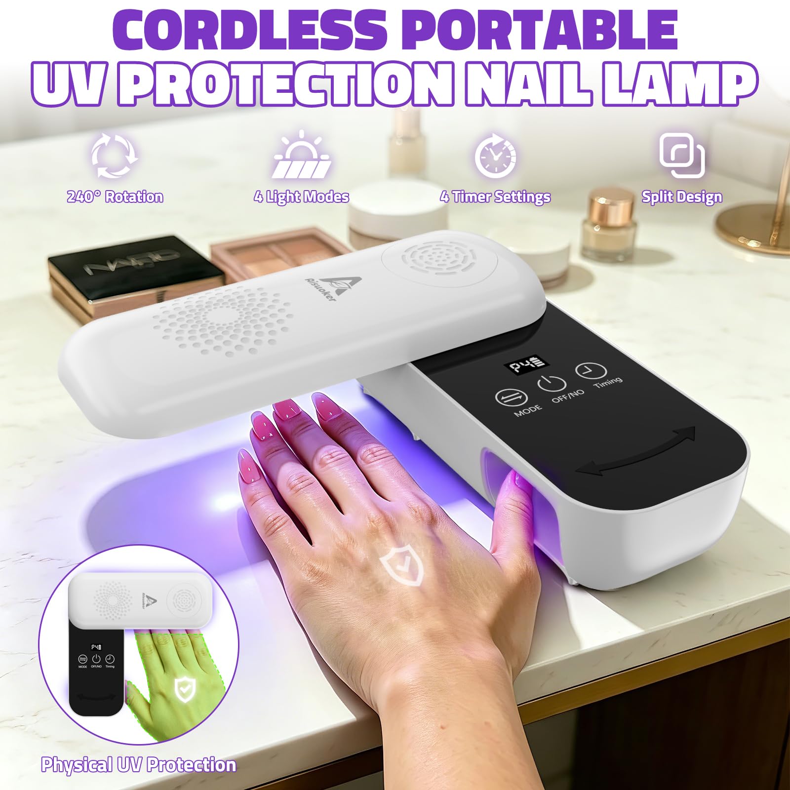 Compact Cordless UV LED Nail Lamp with 4 Modes, Timer & Rotating Panel