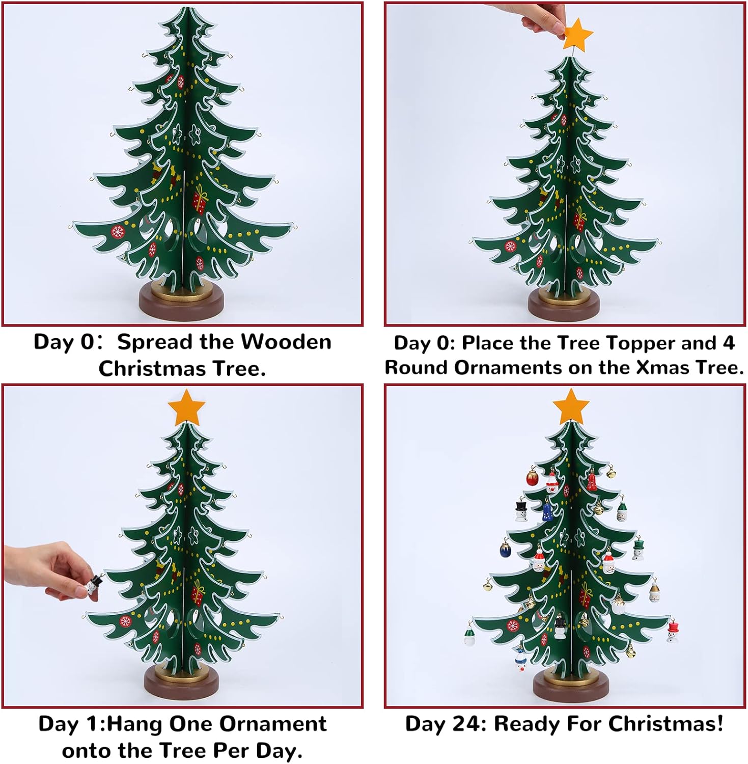 Christmas Advent Calendar Ornaments 2025,24 Days Countdown Advent Calendar with a Tabletop Wooden Christmas Tree and Ornaments Snowman Santa Decorations for Boys, Girls and, Xmas Gift