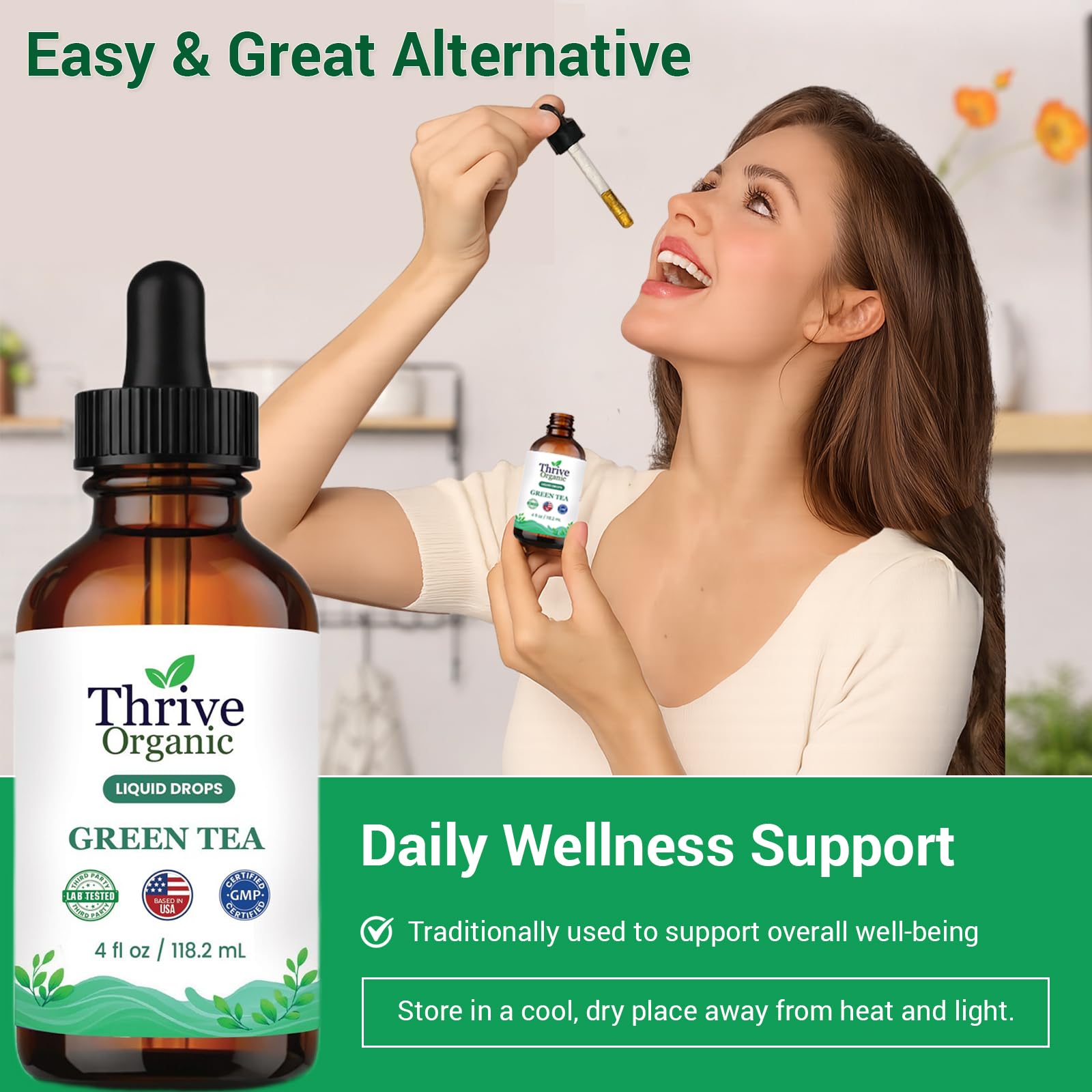 Thrive Organic Green Tea Liquid Drops – Daily Wellness Support – Green Tea Camellia Sinensis Tincture – Vegan, Non-GMO, Alcohol & Sugar-Free – 3rd Party Lab Tested – Based in the USA – 4 fl oz — Amazon image 7