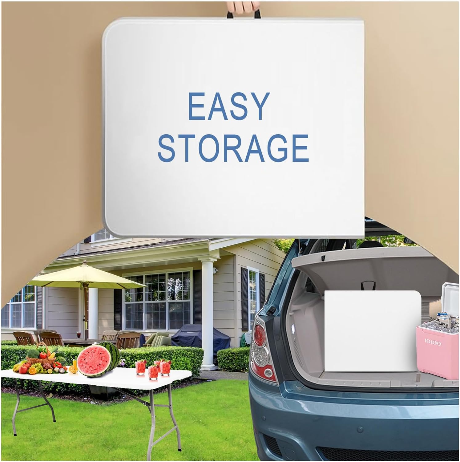 6FT Folding Table, Portable Fold-in-Half Plastic Utility Table with Carrying Handle, Heavy Duty Indoor Outdoor Dining Picnic Camping Party Table, Waterproof & Scratch Resistant, White