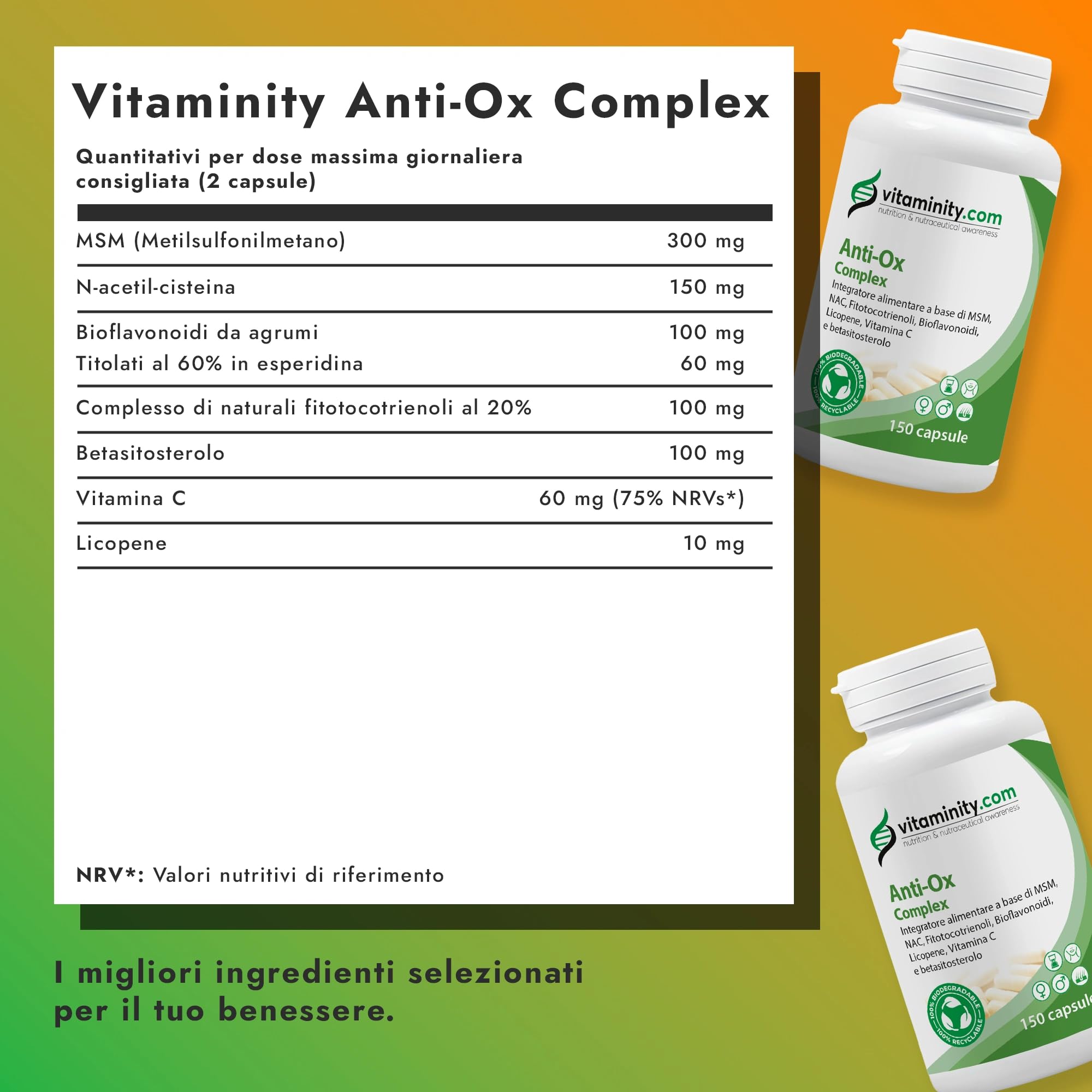 Vitaminity Anti-Ox Complex, Integratore Alimentare ad Azione Antiossidante, Contrasta Stress Ossidativo ed Invecchiamento cellulare - Formato da 150 Capsule