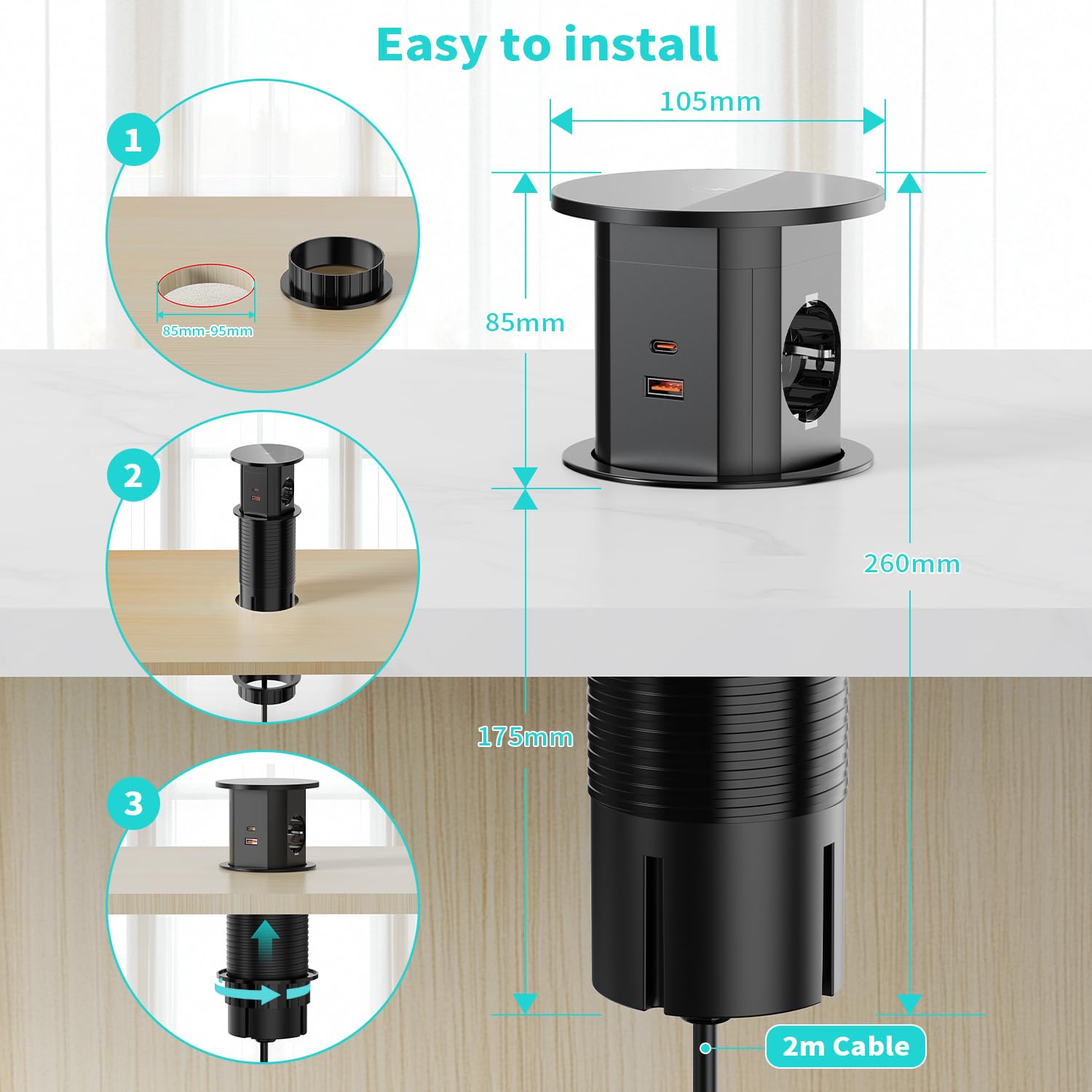 Enchufe retráctil de 2 enchufes con 2 USB-C, 2 USB-A, D 85-95 mm