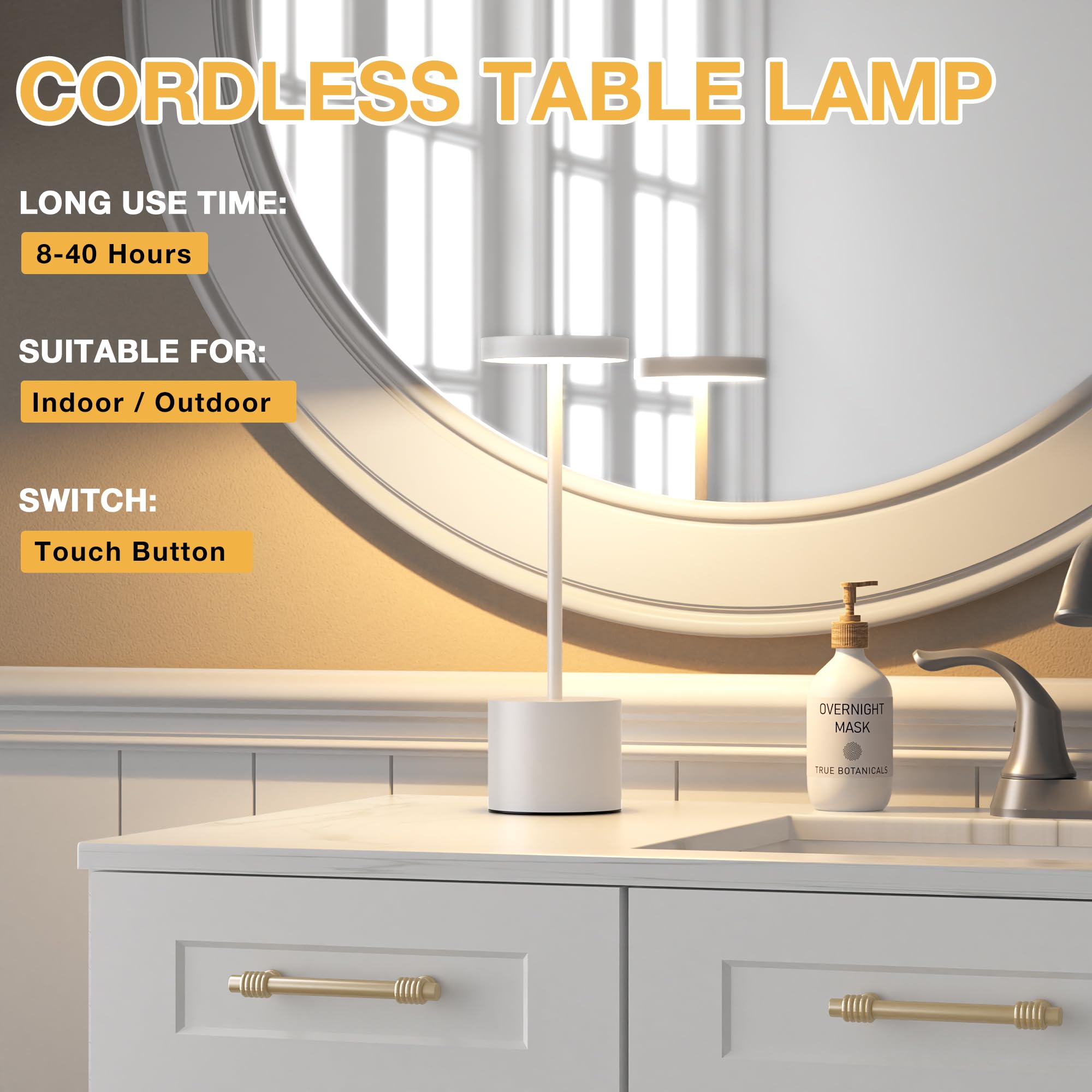 LED Tischlampe Kabellos, Tischlampe Akku, Tischleuchte Kabellos Akku mit 3 Farbtemperatur, Touch Nachttischlampe Dimmbar, Stufenlos Dimmbar für Schlafzimmer, 2 Stück, Weiß