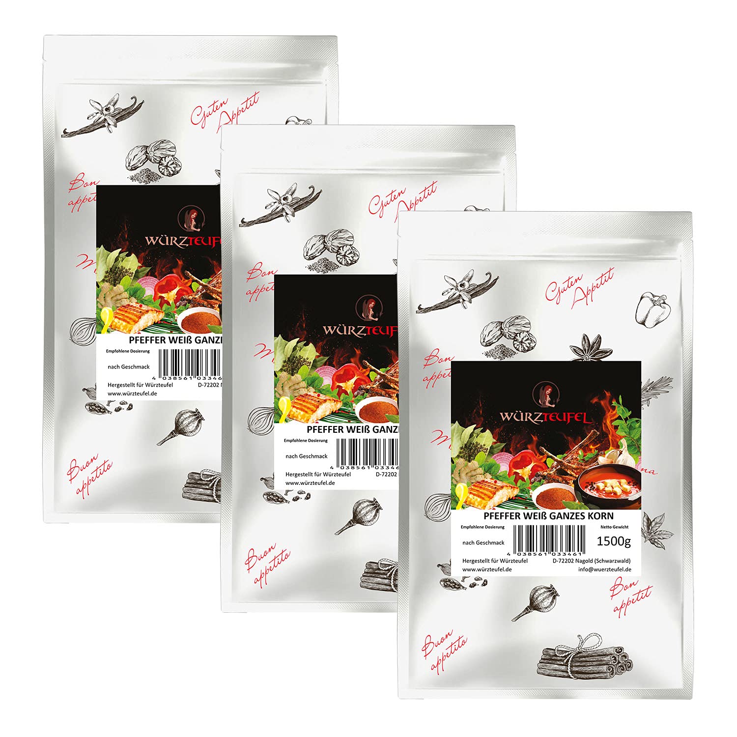 Pfeffer weiß, ganzes Korn. Pfeffer weiss ganz. Handverlesener keimreduzierter weißer Pfeffer aus Indonesien. 3 Beutel je 1500g (4,5KG)