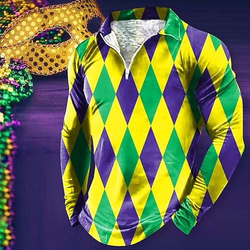 Miniatura 2 de Mens Mardi Gras Shirt Quarter Zip Carnival Mask Long Sleeve Muscle Golf Shirts Lapel Casual Gradient Regular Fit Holiday Top